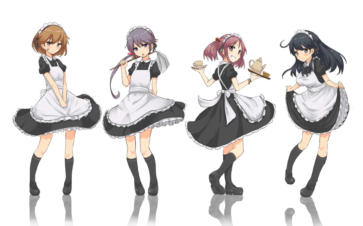 akebono_(kancolle) bandaid cassandra_(seishun_katsu_sando) kantai_collection maid oboro_(kancolle) sazanami_(kancolle) skirt_lift ushio_(kancolle)