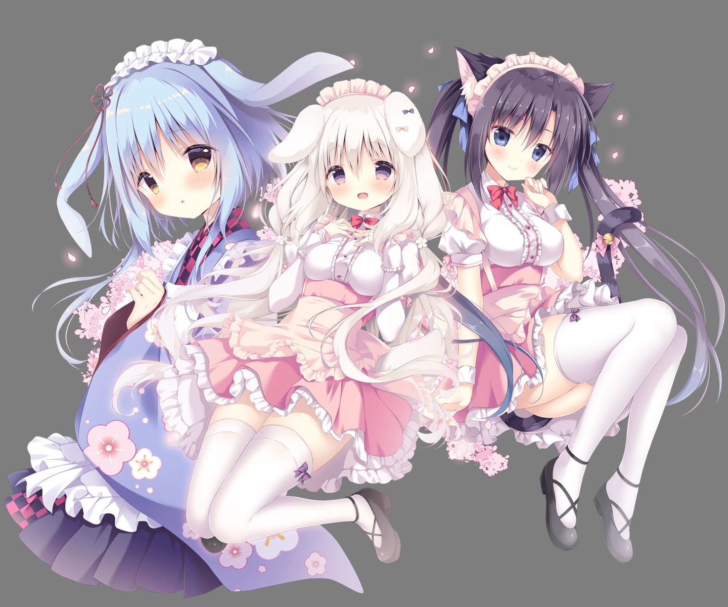 amairo_chocolata_2 animal_ears bunny_ears cabbage_soft heels inumimi korie_riko maiba_nana maid misono_ichika momose_kaguya nekomimi shiratama skirt_lift tail thighhighs transparent_png wa_maid