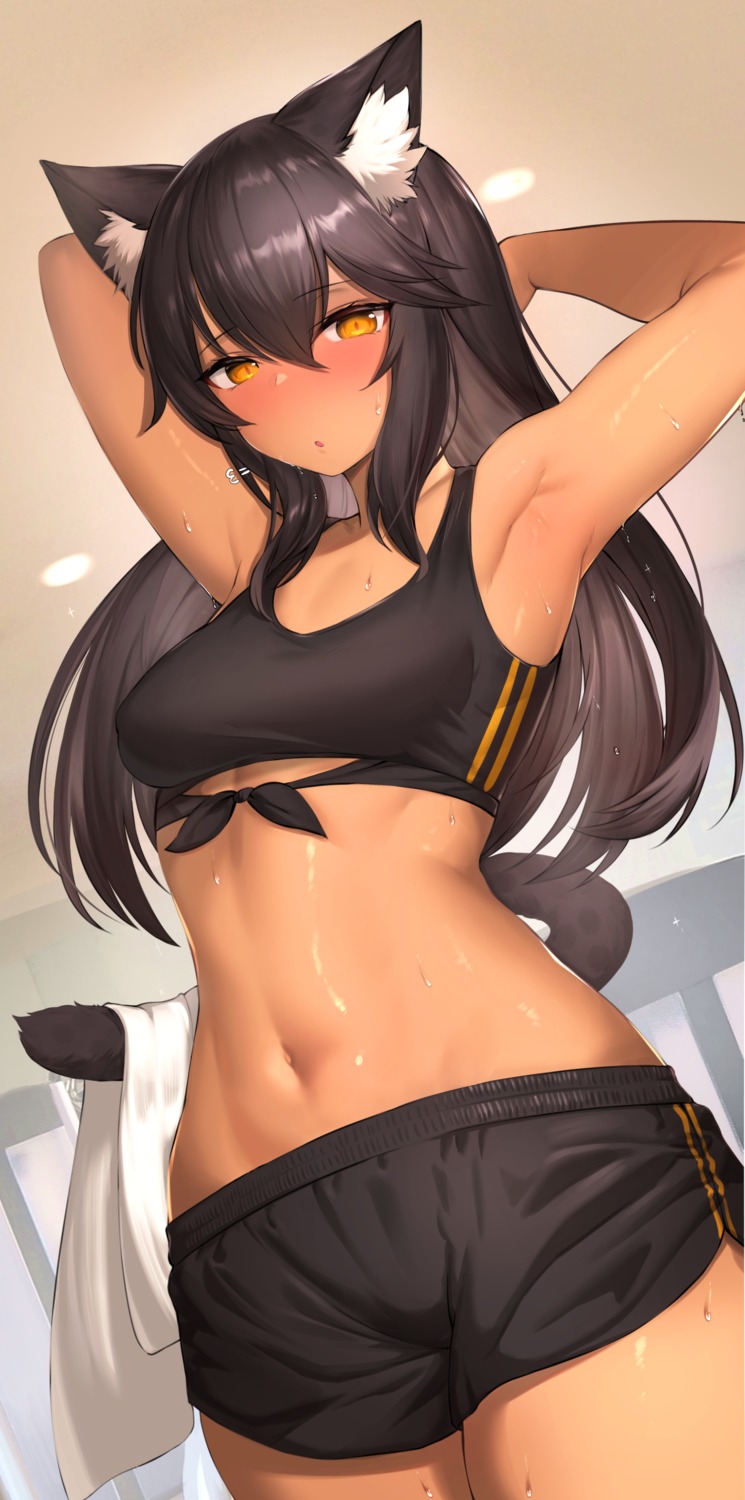 animal_ears bra gym_uniform mathew_(srmmk_mce) tail towel wet