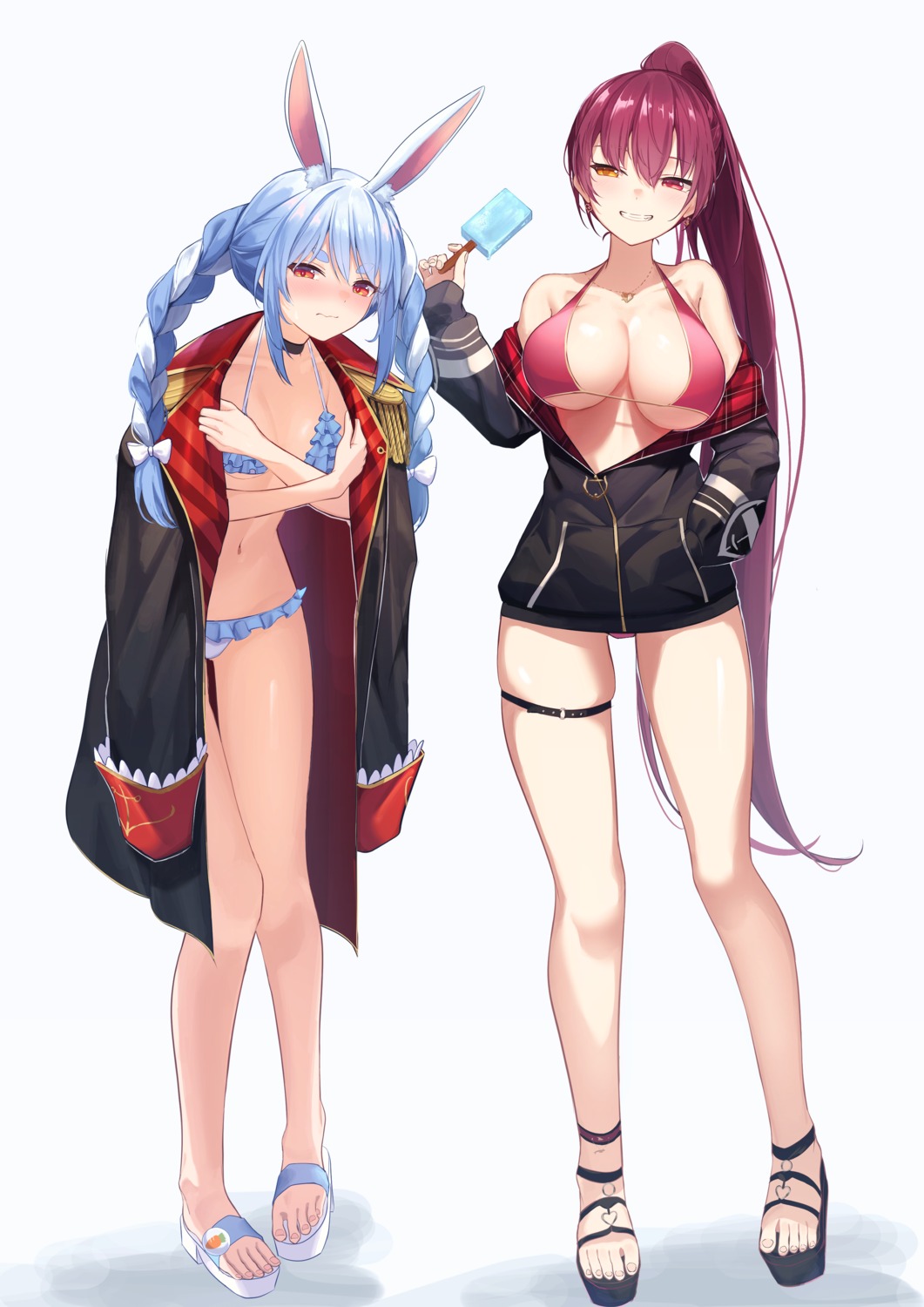 animal_ears bikini bunny_ears garter heterochromia hololive houshou_marine open_shirt sora_shitatoge swimsuits usada_pekora