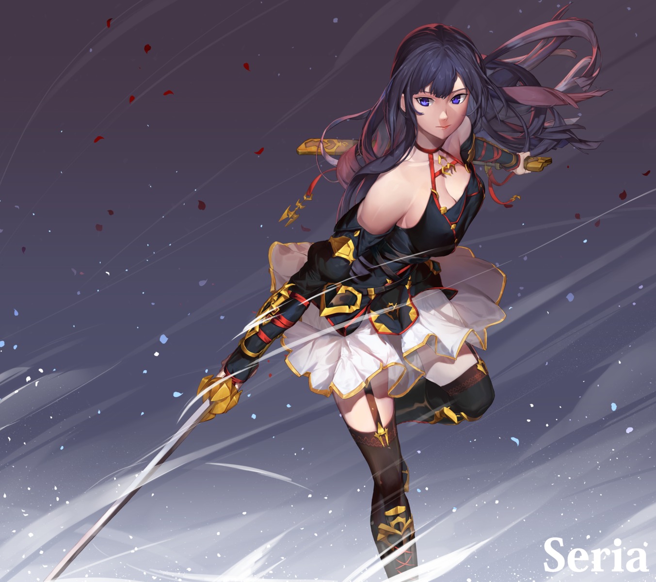 cleavage hal_ king's_raid seria_(king's_raid) stockings sweater sword thighhighs