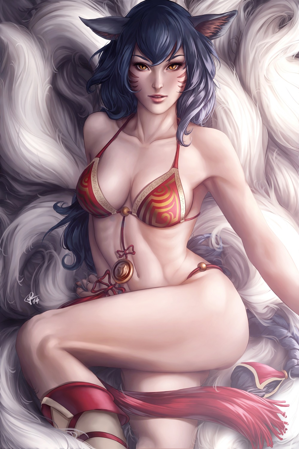 ahri aivablue animal_ears bikini cleavage kitsune league_of_legends swimsuits tail