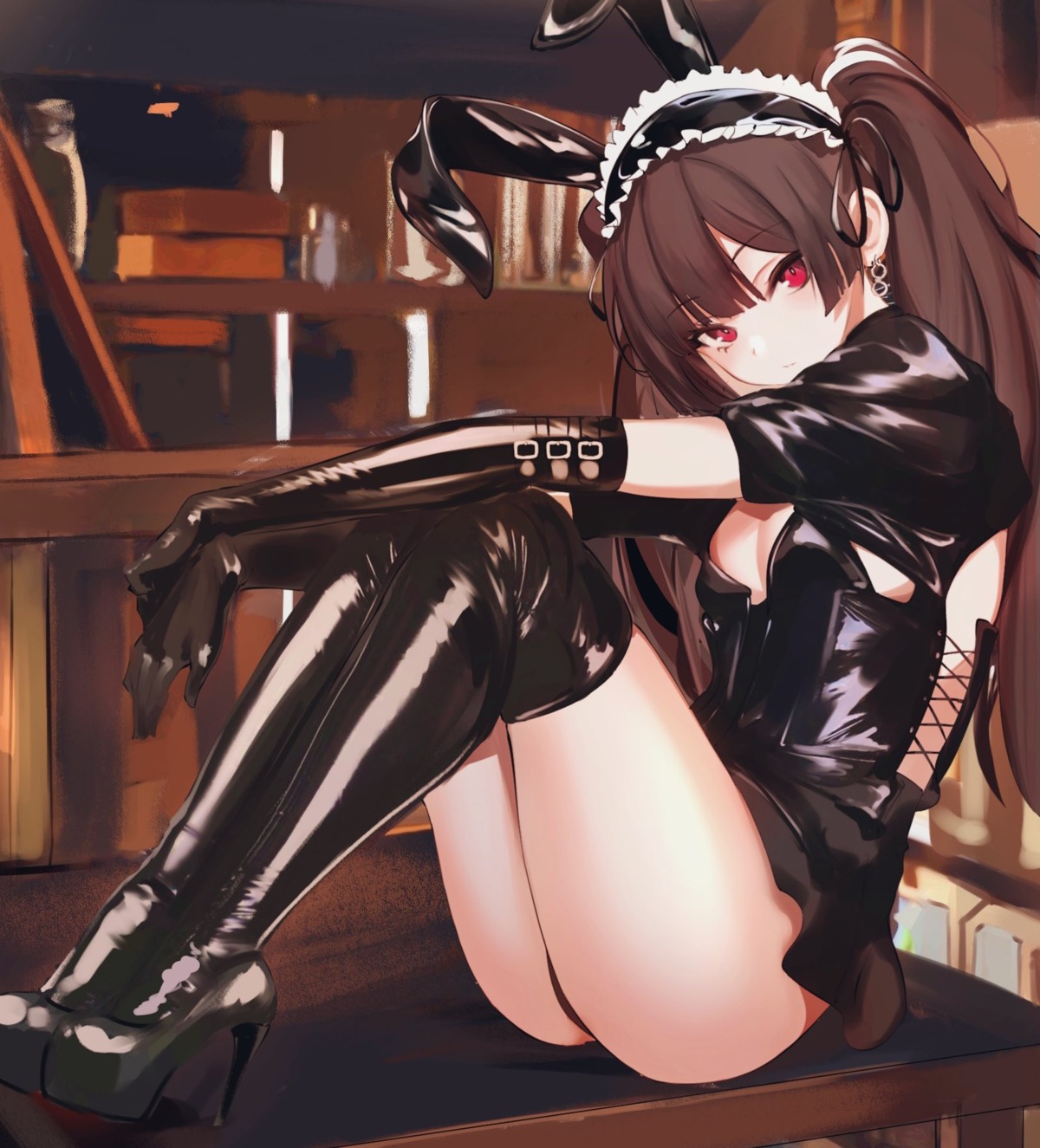 animal_ears bunny_ears cleavage heels no_bra pantsu skirt_lift spider_apple thighhighs thong