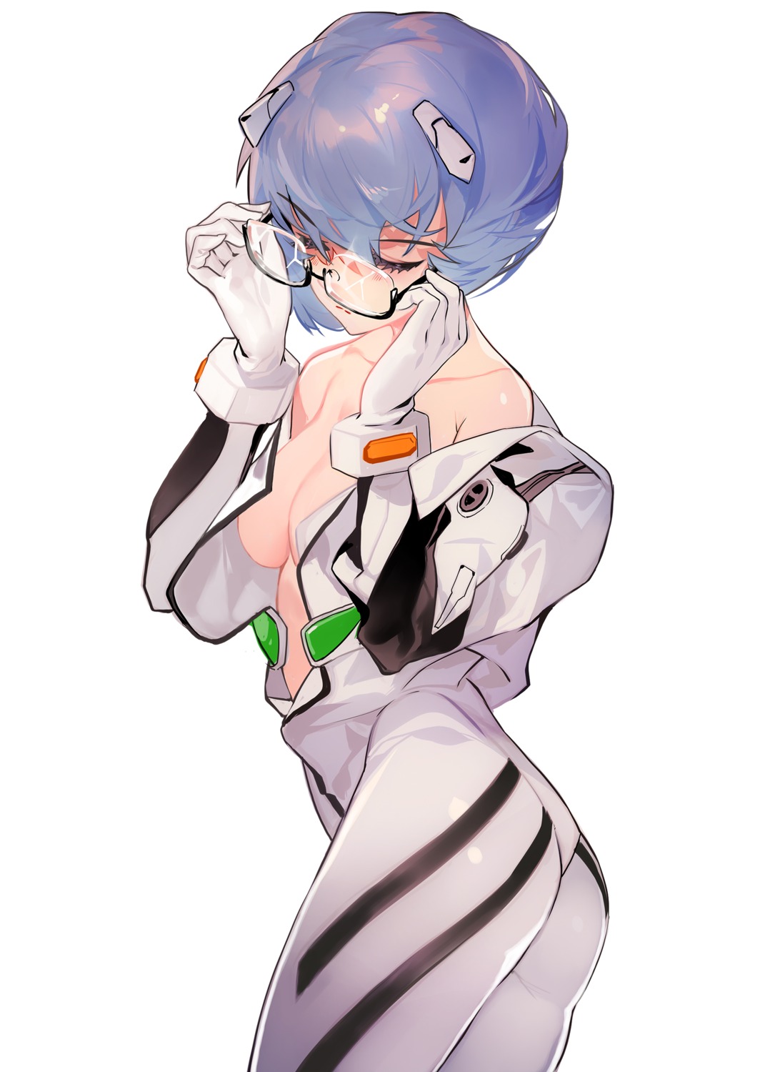 ass ayanami_rei bodysuit grandia_lee megane neon_genesis_evangelion no_bra open_shirt