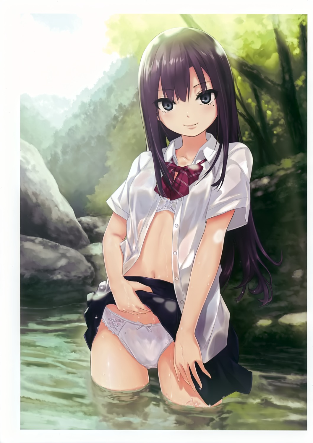 bra coffee-kizoku open_shirt pantsu see_through seifuku skirt_lift wet wet_clothes