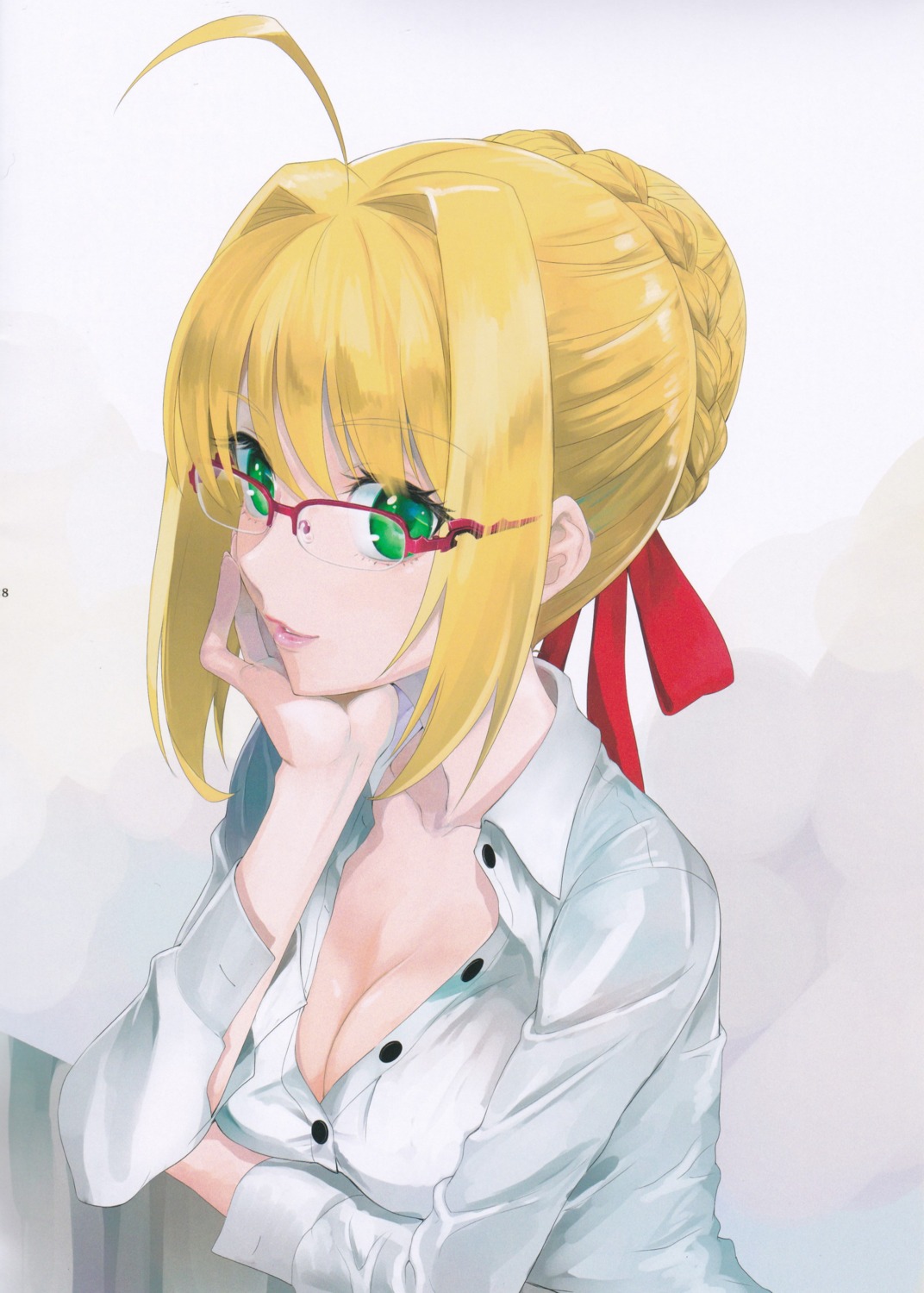 breast_hold cleavage dress_shirt fate/grand_order megane open_shirt saber_extra shirotsumekusa