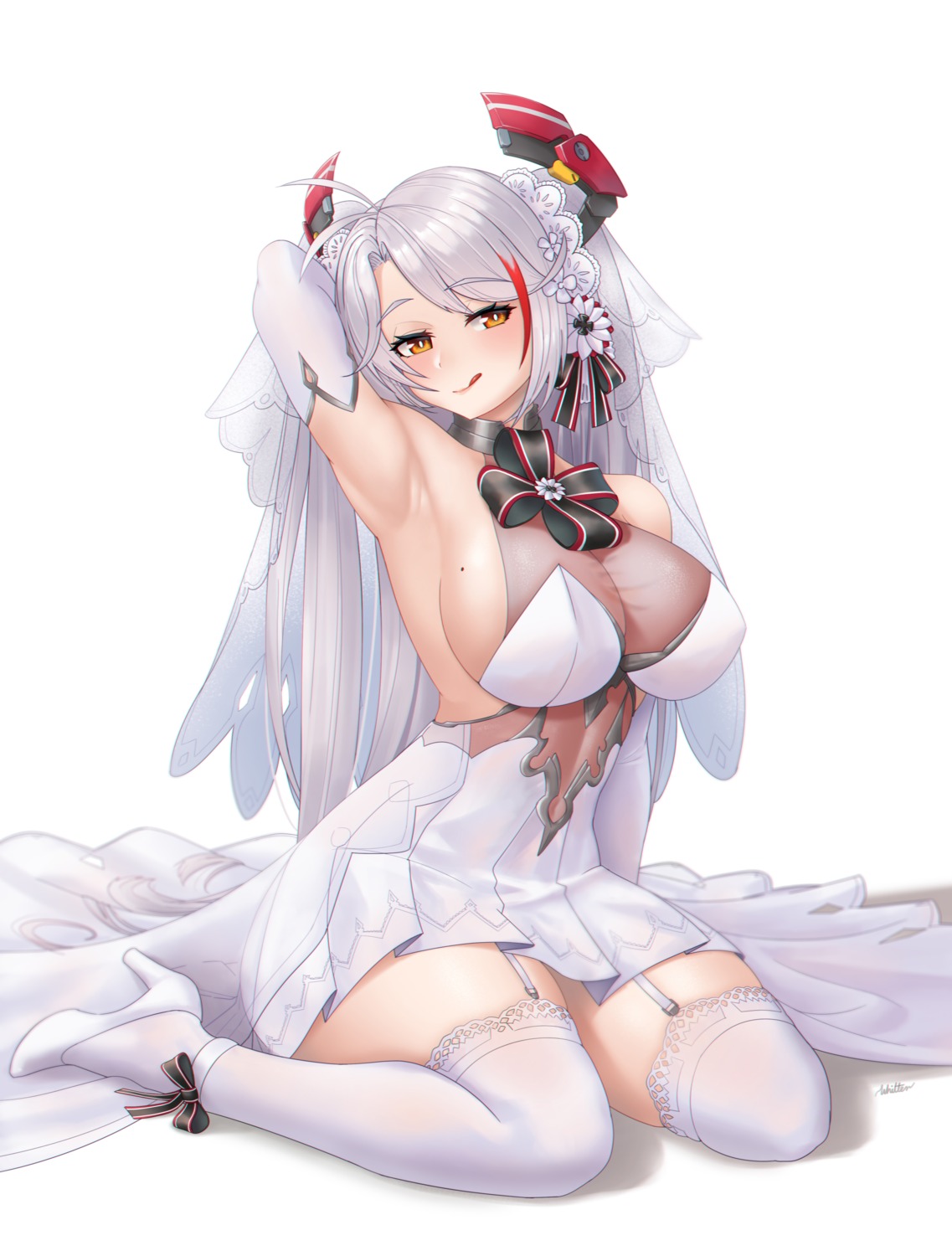 azur_lane dress heels no_bra prinz_eugen_(azur_lane) see_through stockings thighhighs wedding_dress whitter