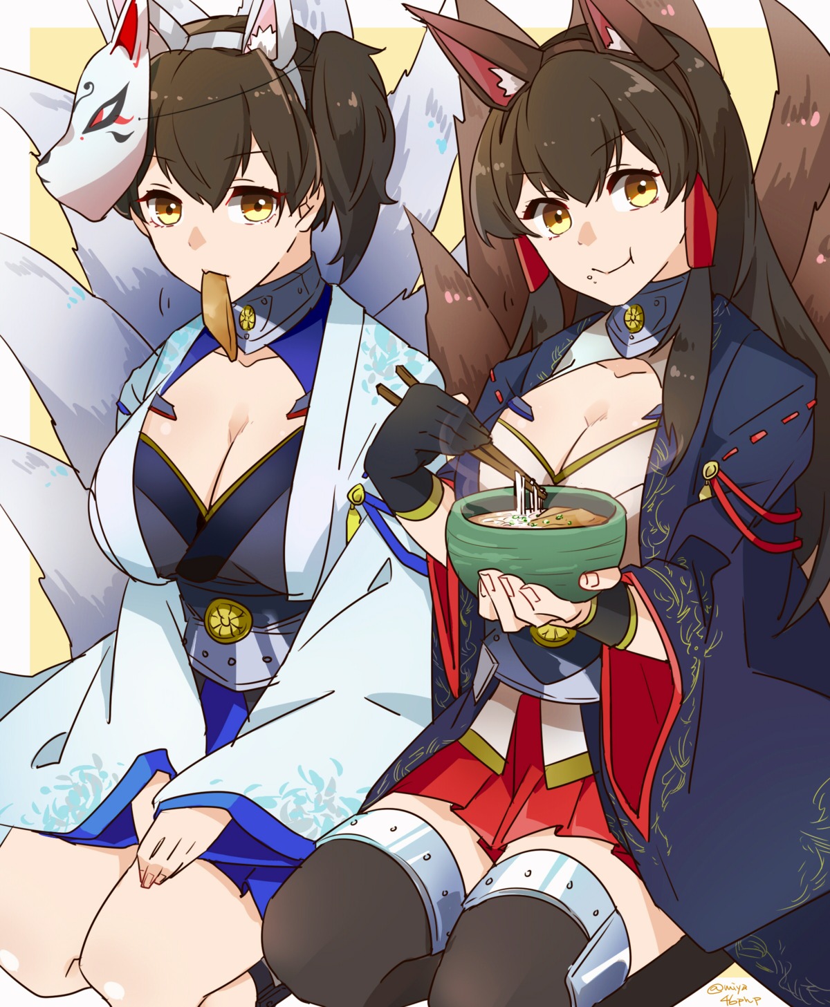 akagi_(azur_lane) akagi_(kancolle) animal_ears azur_lane cleavage cosplay kaga_(azur_lane) kaga_(kancolle) kantai_collection miyashibu tail thighhighs