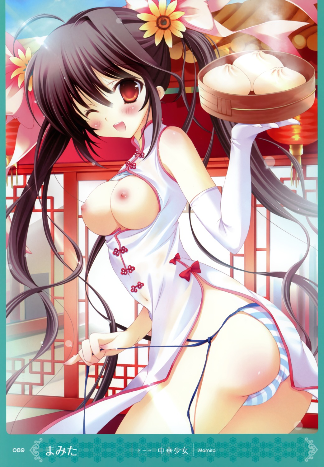 breasts chinadress mamita nipples open_shirt pantsu shimapan string_panties