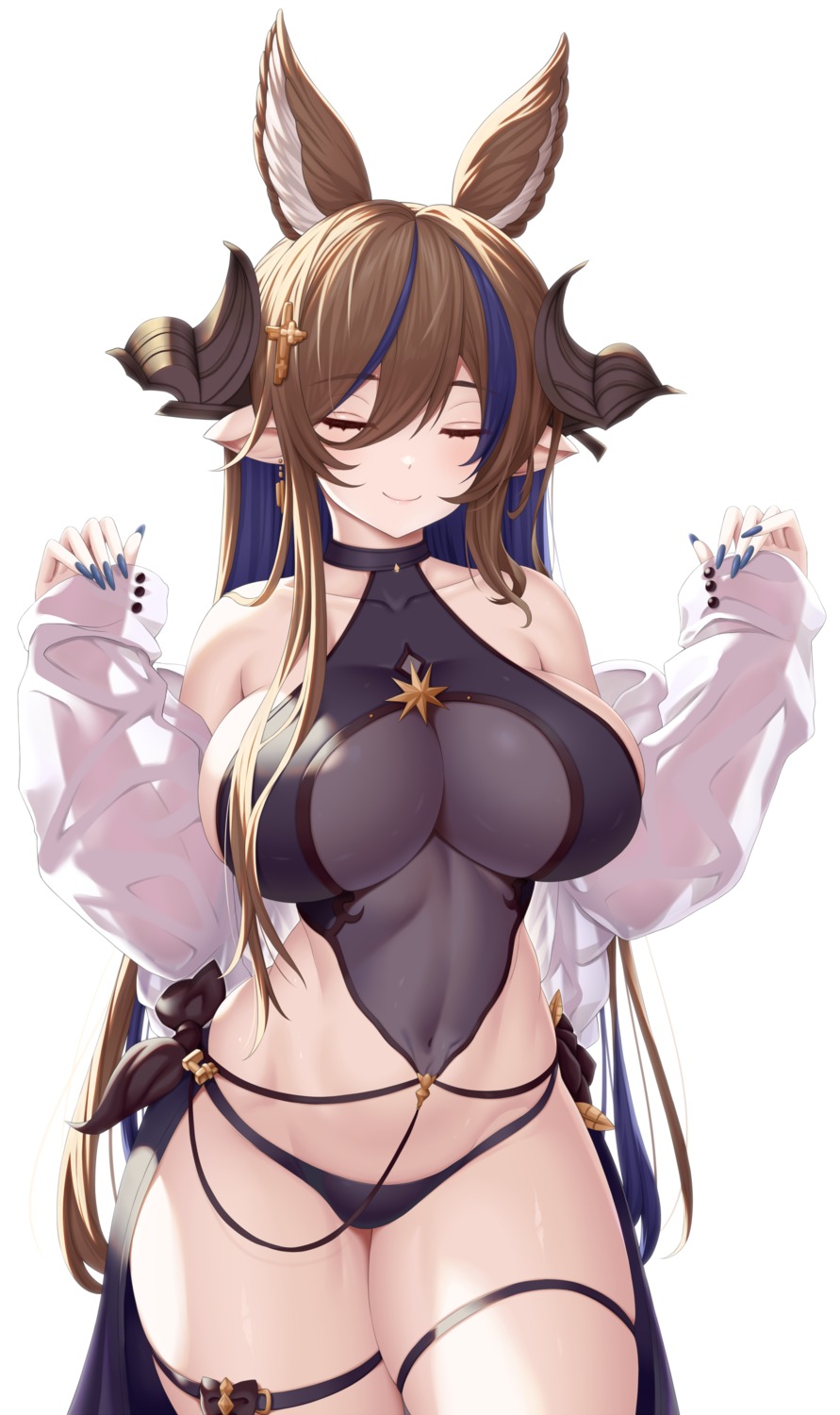 animal_ears asamura_hiori galleon_(granblue_fantasy) garter granblue_fantasy horns no_bra pantsu pointy_ears see_through