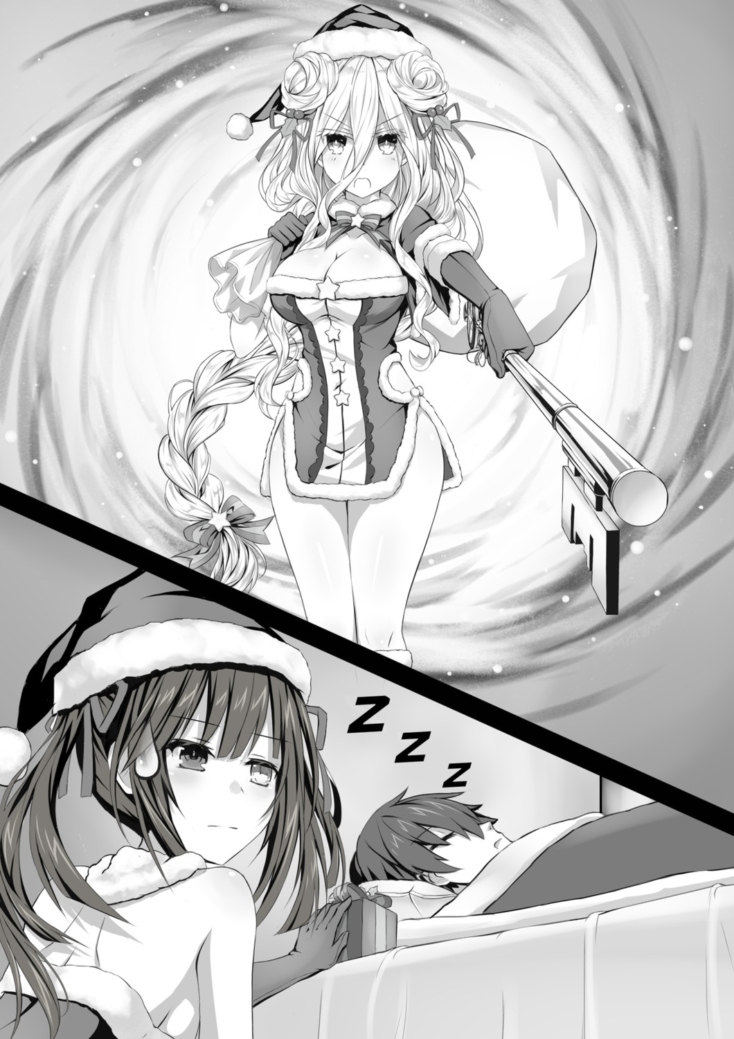 christmas cleavage date_a_live dress heterochromia hoshimiya_mukuro monochrome tokisaki_kurumi tsubasaki