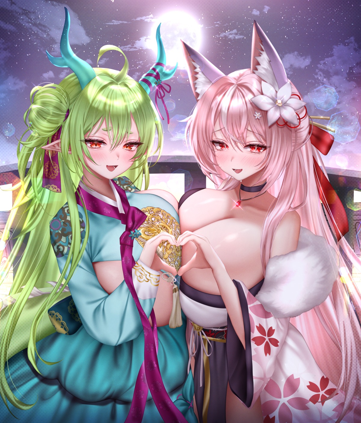 animal_ears dadamyu horns japanese_clothes no_bra pointy_ears symmetrical_docking