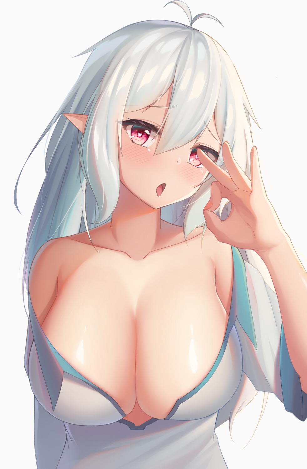 cleavage kokkoro milk_box_(leoleo963852741) no_bra open_shirt pointy_ears princess_connect princess_connect!_re:dive