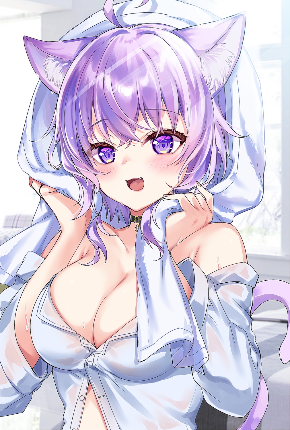 animal_ears hololive hololive_gamers motohara_moka nekomata_okayu nekomimi no_bra see_through tail