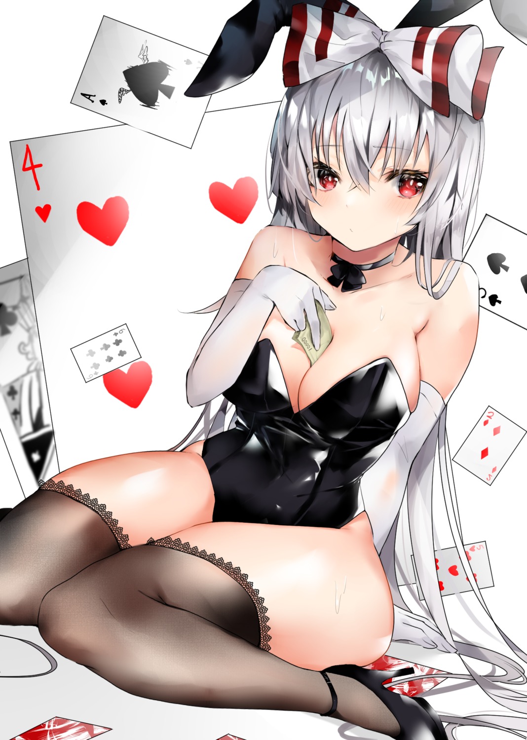 animal_ears bunny_ears bunny_girl fujiwara_no_mokou heels hiiro60 no_bra thighhighs touhou