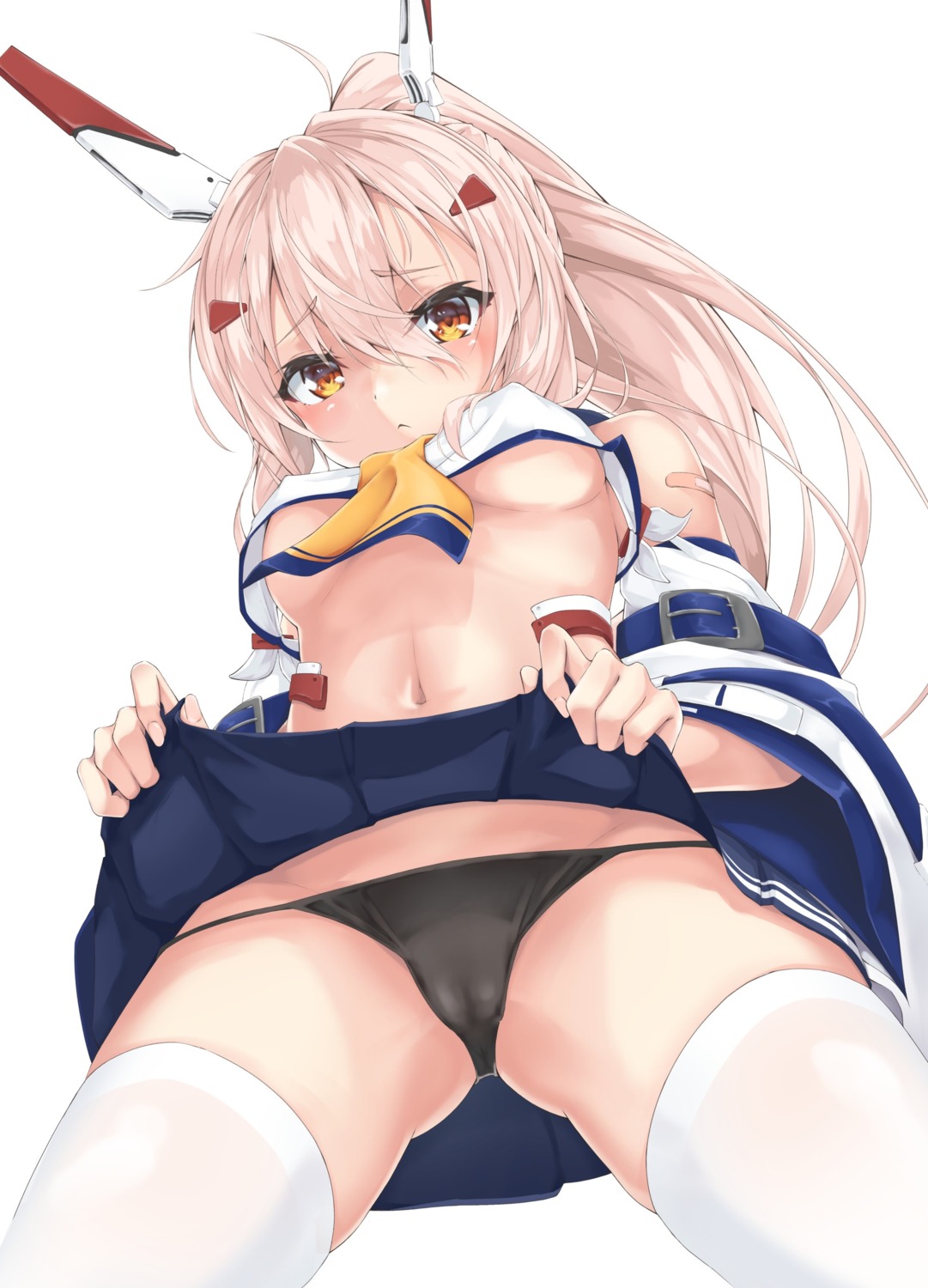 ayanami_(azur_lane) azur_lane bandaid cameltoe erect_nipples no_bra pantsu seifuku shirt_lift skirt_lift sutetete thighhighs underboob