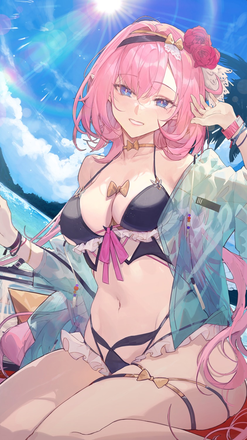 benghuai_xueyuan bikini elysia_(honkai_impact) garter honkai_impact kuroduki_(pieat) open_shirt see_through swimsuits