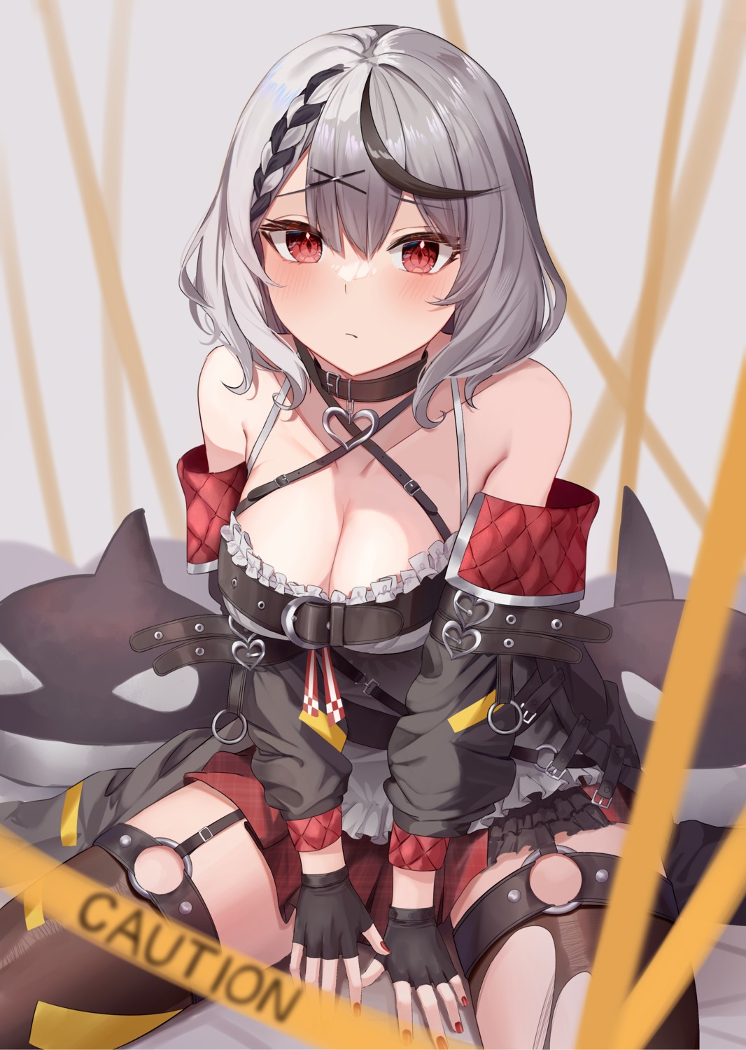 garter hololive lookhow no_bra sakamata_chloe stockings thighhighs torn_clothes