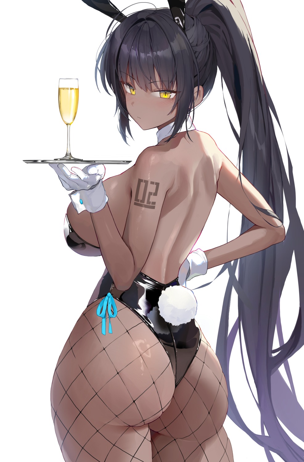 animal_ears ass blue_archive bodiedwile bunny_ears bunny_girl fishnets kakudate_karin no_bra pantyhose tail tattoo waitress