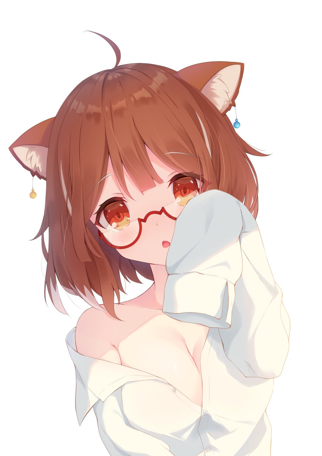 animal_ears cleavage dress_shirt megane nekomimi nijisanji no_bra open_shirt ratna_petit yumenone_(conectarts)