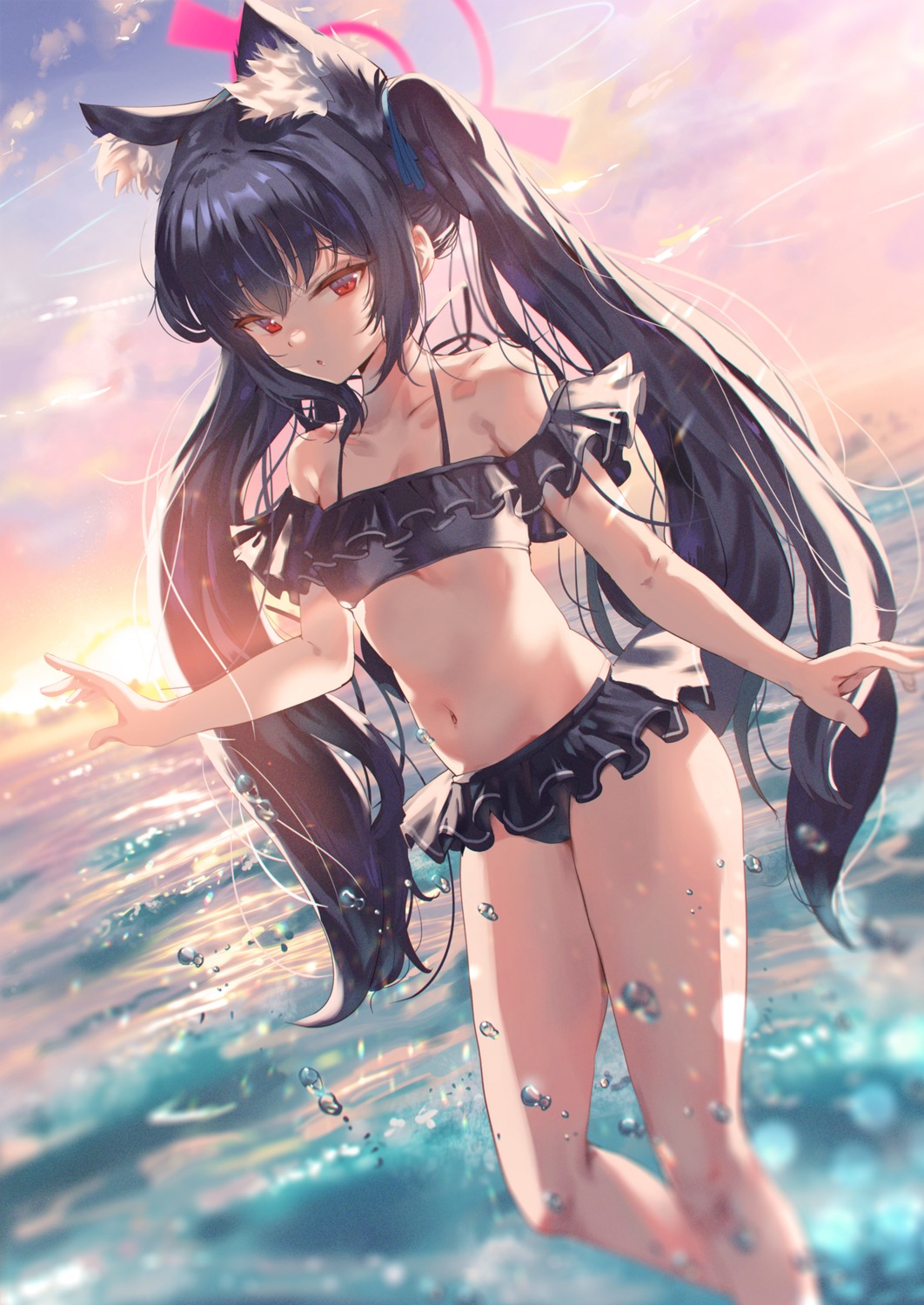 animal_ears bikini blue_archive cameltoe halo kuromi_serika nekomimi shuru_y skirt_lift swimsuits