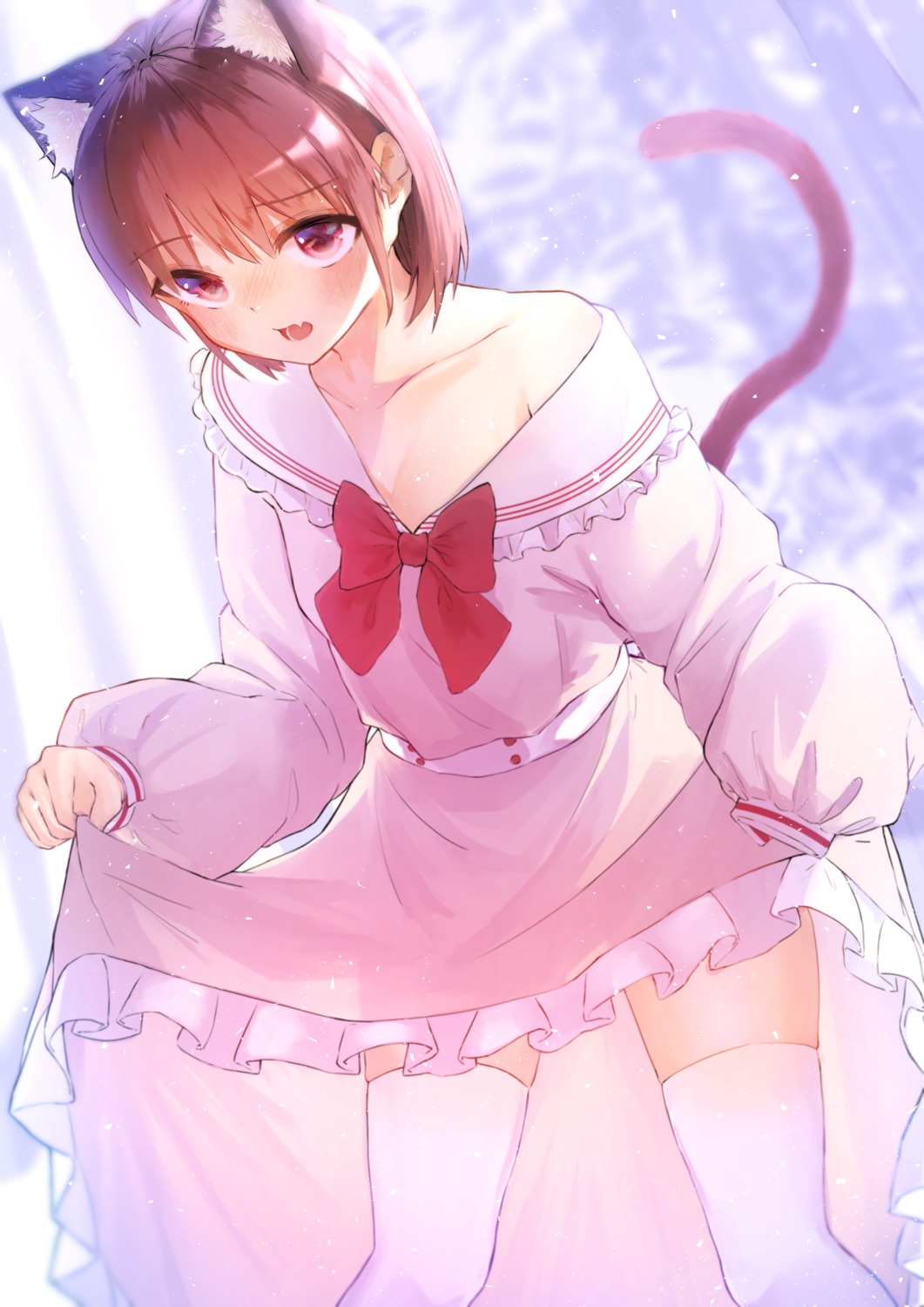 animal_ears cleavage dress nekomimi no_bra see_through skirt_lift tail thighhighs tsubameno