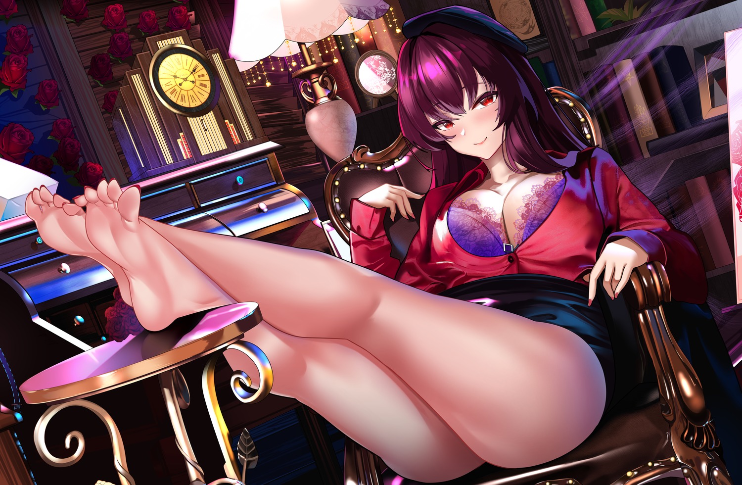 asuo bra cleavage fate/grand_order feet open_shirt scathach_(fate/grand_order)