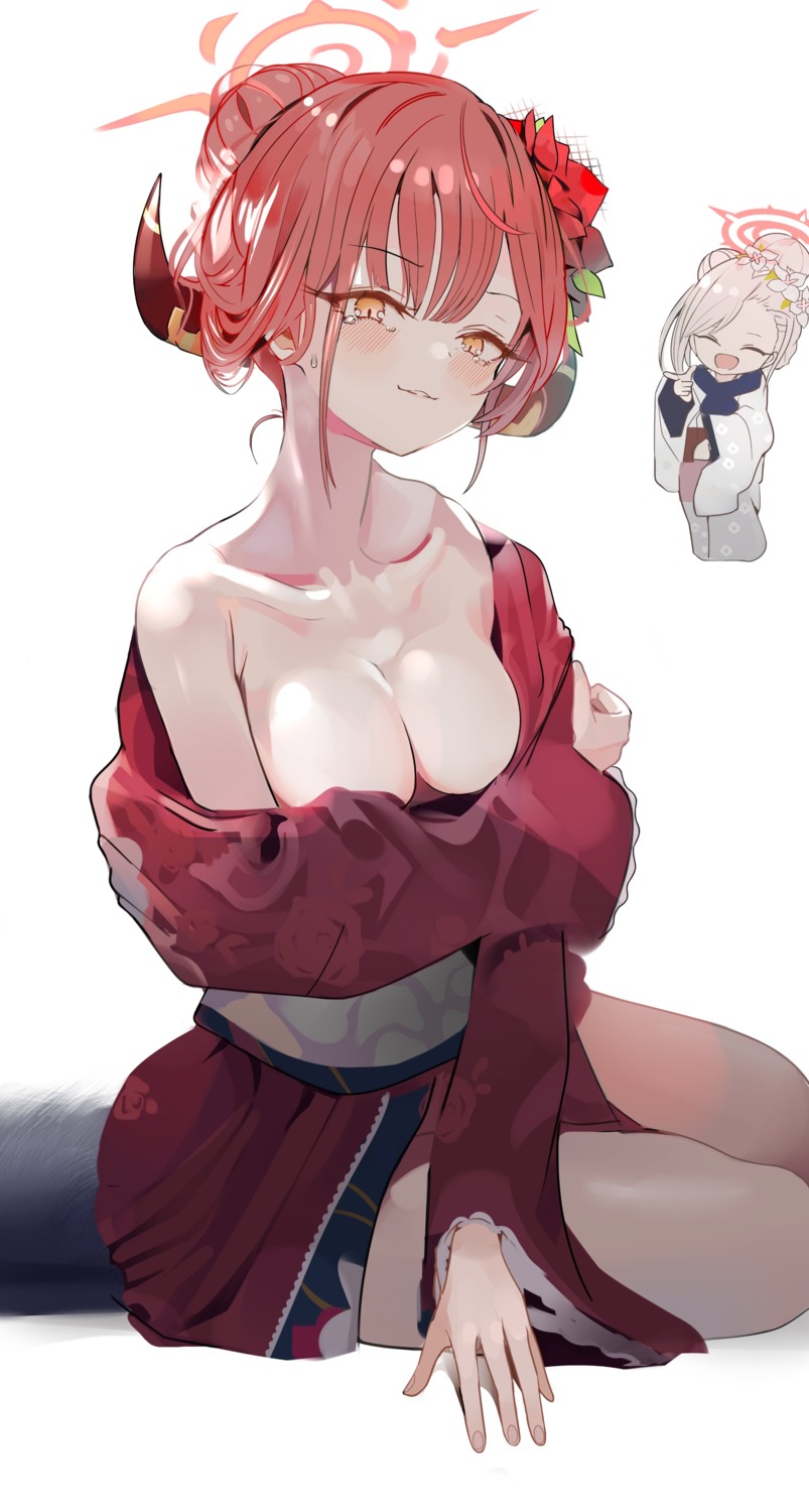 asagi_mutsuki blue_archive breast_hold breasts chibi halo horns kimono no_bra open_shirt pjkka rikuhachima_aru