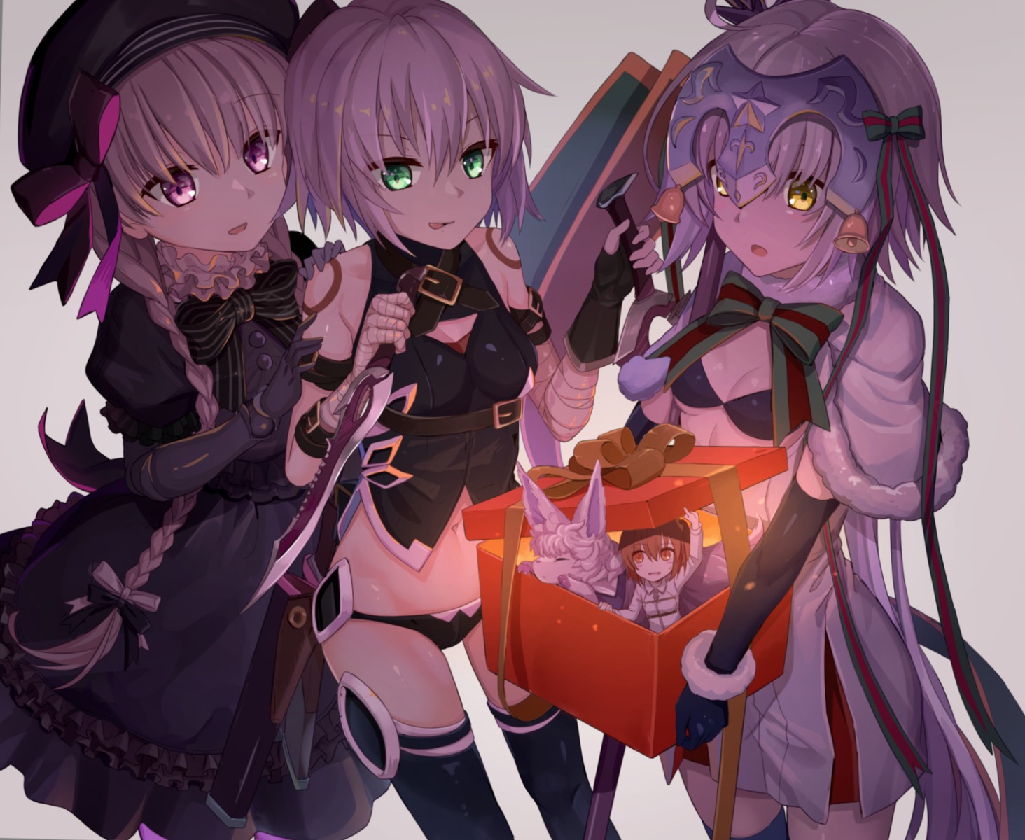 bandages cleavage dress fate/grand_order fou_(fate/grand_order) fujimaru_ritsuka_(female) gothic_lolita jack_the_ripper jeanne_d'arc_alter_santa_lily lolita_fashion nursery_rhyme_(fate/extra) pantsu shuutou_haruka tattoo thighhighs weapon