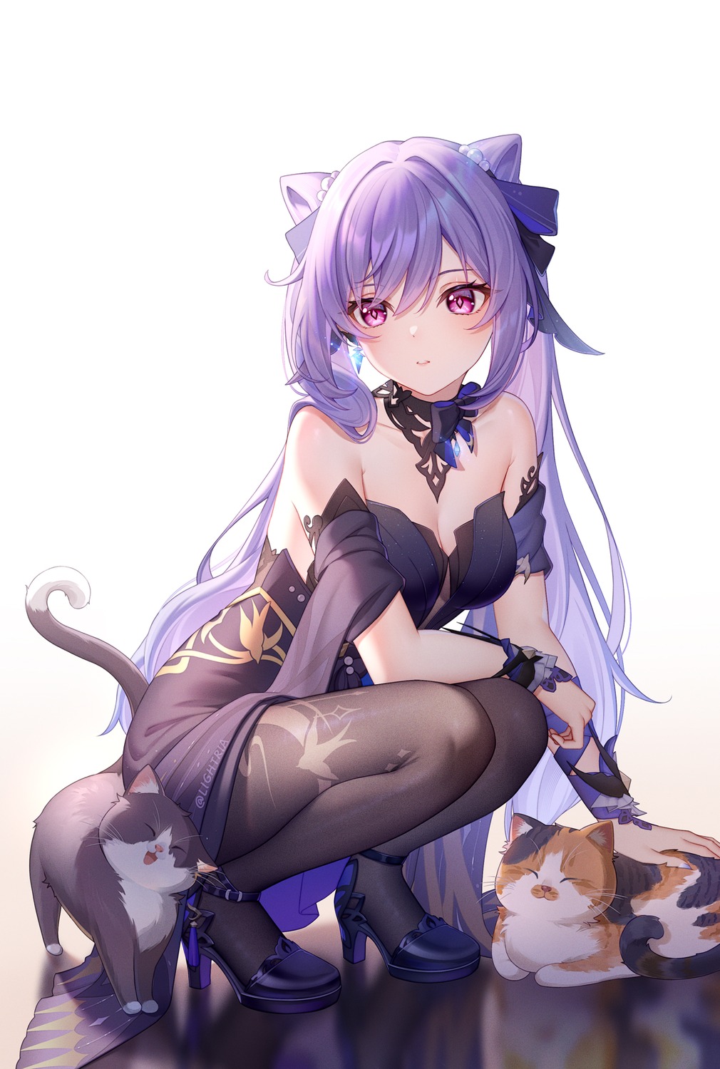 cleavage dress genshin_impact heels keqing lightria neko no_bra pantyhose