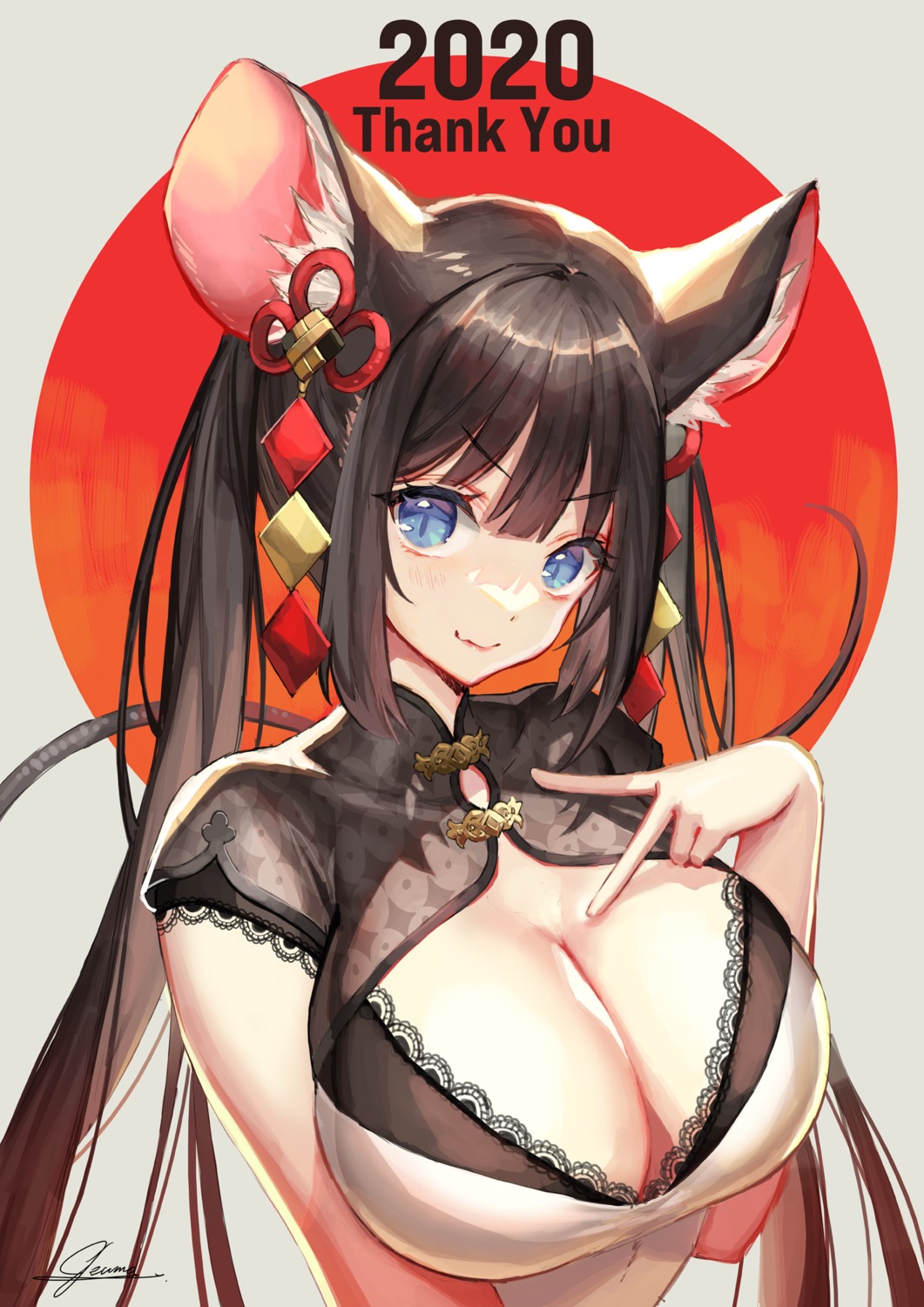 animal_ears asian_clothes cleavage no_bra okuma_mai