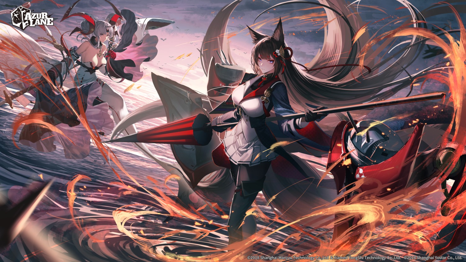 amagi_(azur_lane) animal_ears azur_lane dress horns kitsune namahamu913 no_bra pantyhose tail thighhighs watarase_(azur_lane) weapon