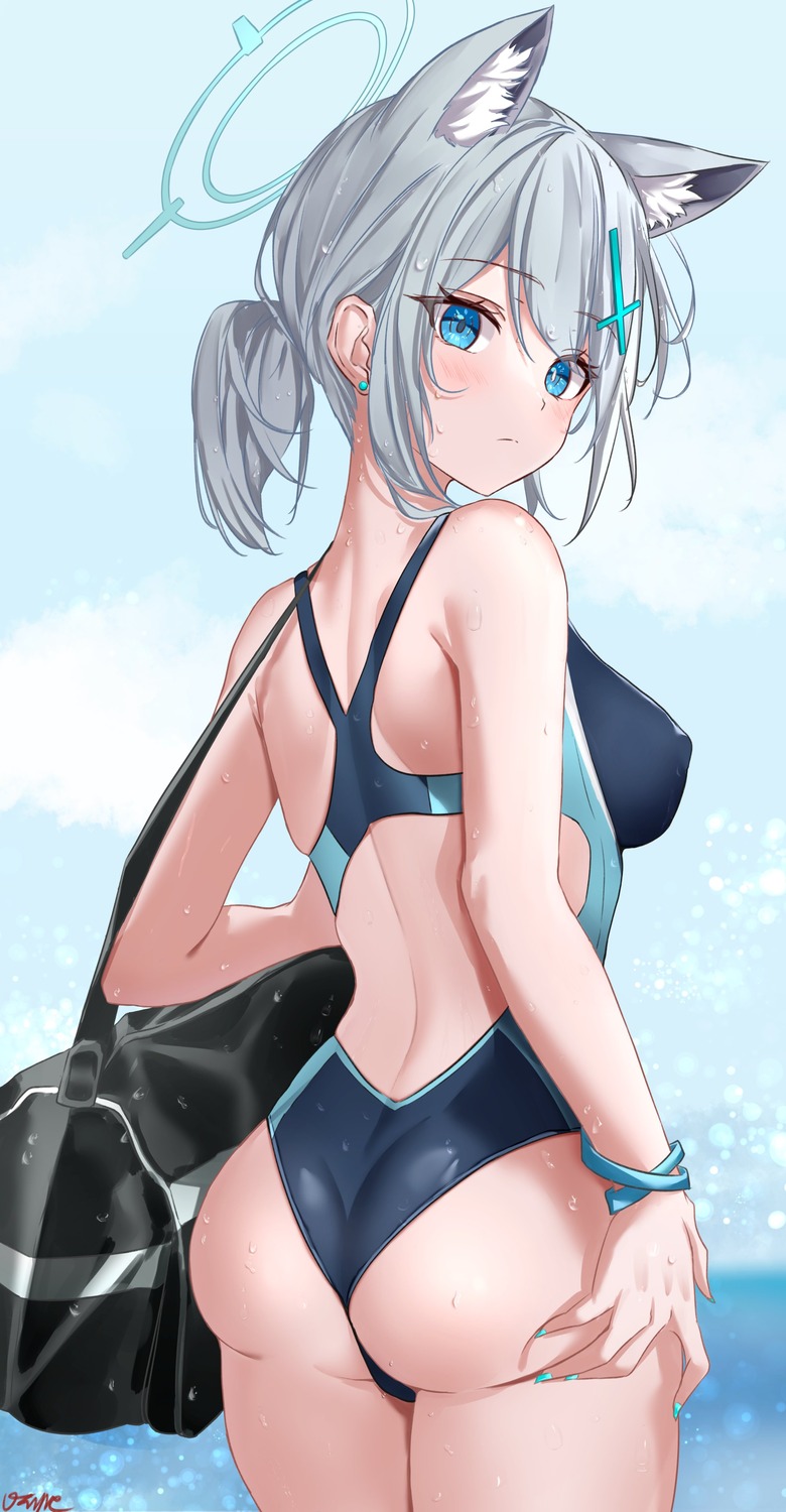 animal_ears ass blue_archive erect_nipples halo nekomimi sunaookami_shiroko swimsuits vayneeeee wet