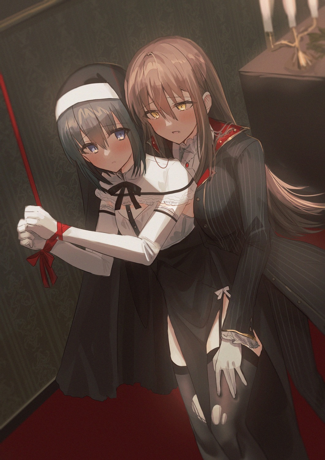 bondage chihuri nun stockings thighhighs torn_clothes yuri