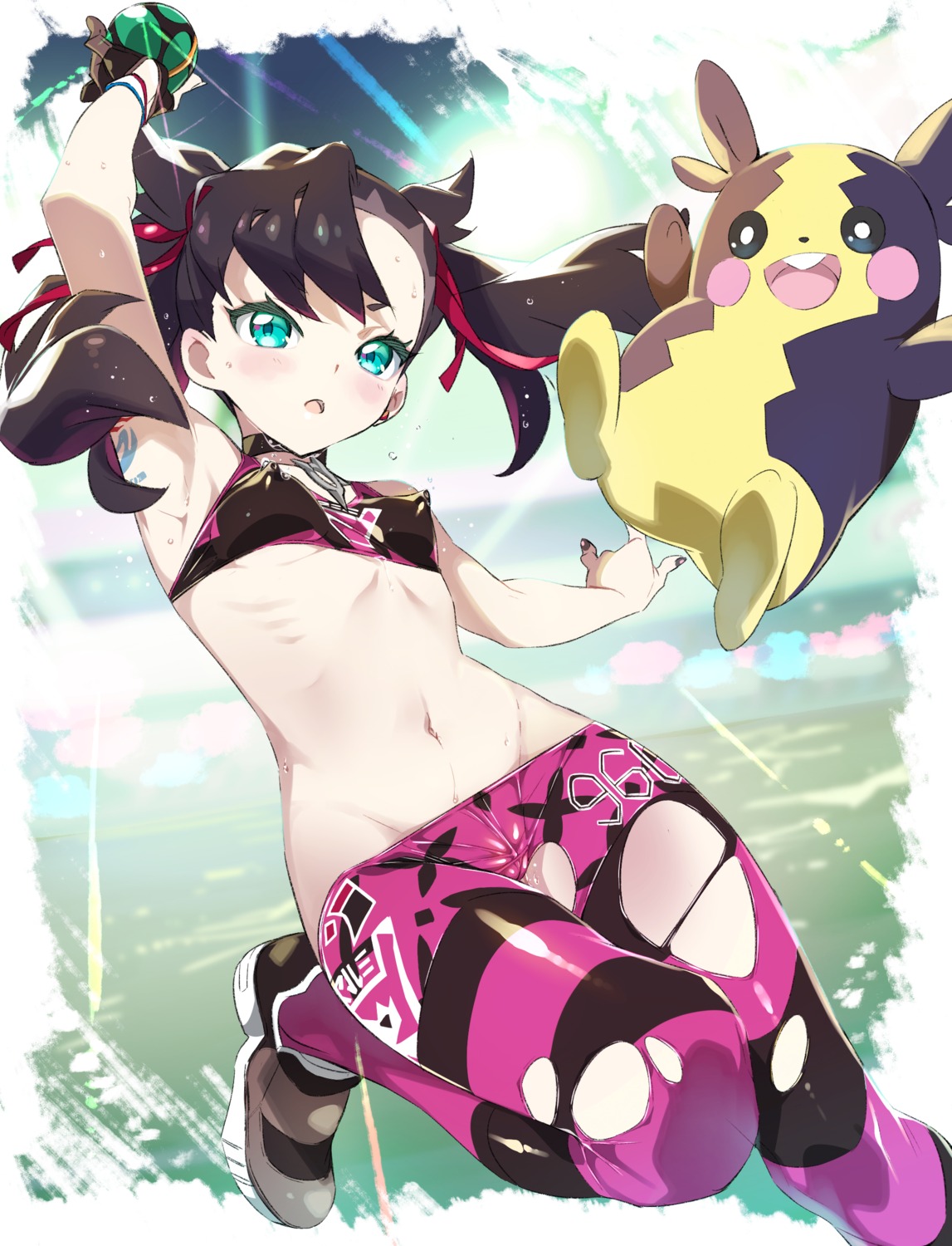 cameltoe erect_nipples gym_uniform mary_(pokemon) niko_(tama) pokemon pokemon_swsh tattoo torn_clothes