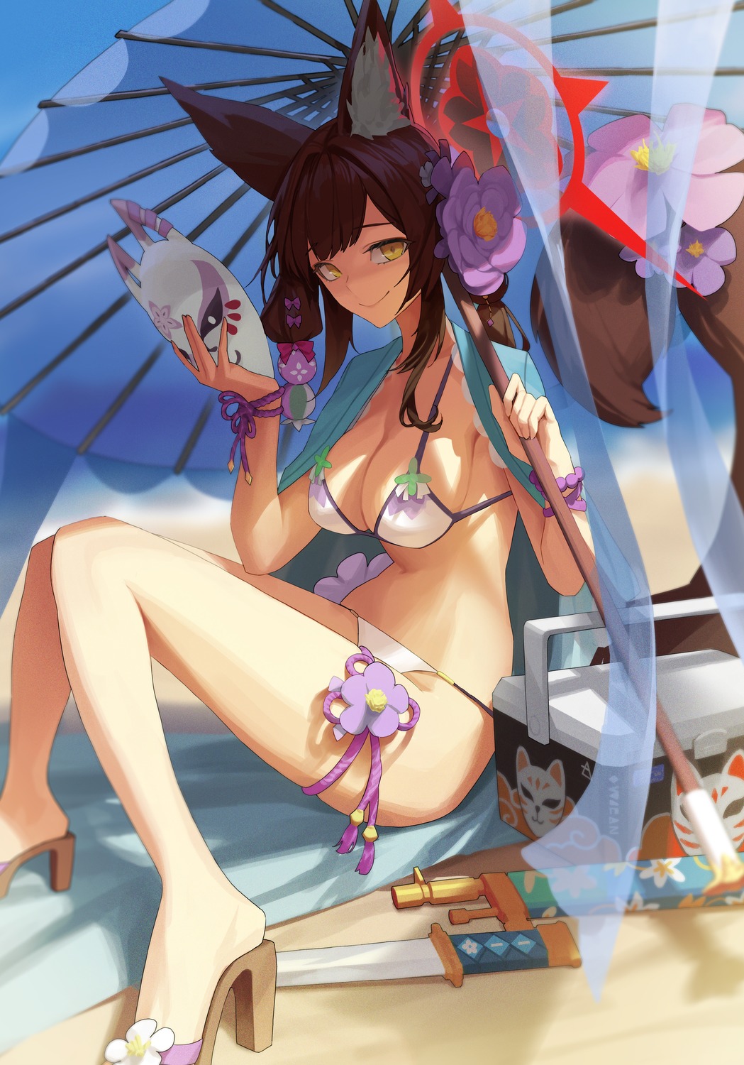 animal_ears bikini blue_archive garter gstiyl gun halo heels kitsune kosaka_wakamo swimsuits tail umbrella weapon