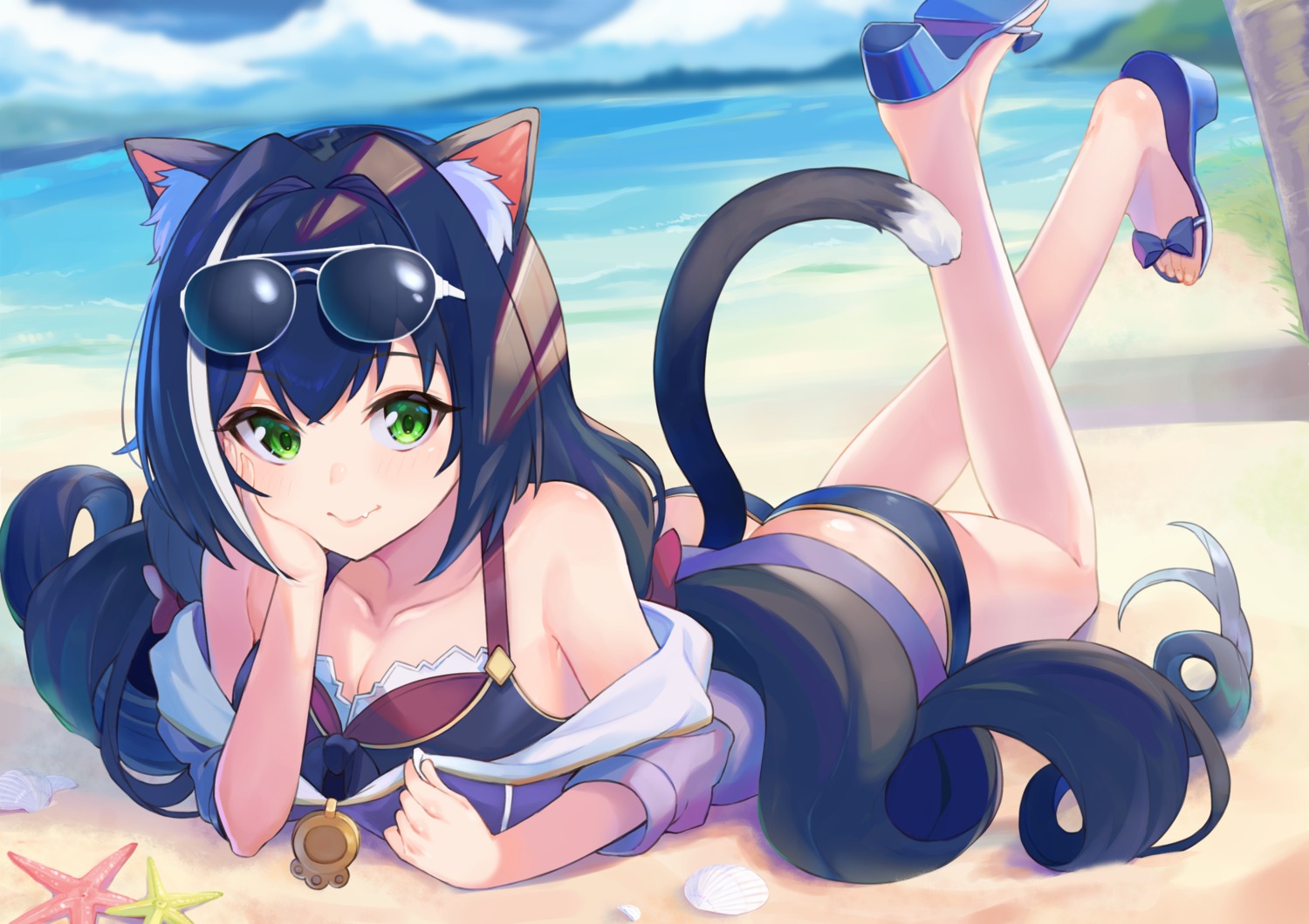 animal_ears bikini cleavage heels karyl_(princess_connect) megane nekomimi open_shirt princess_connect princess_connect!_re:dive shimon_(31426784) swimsuits tail