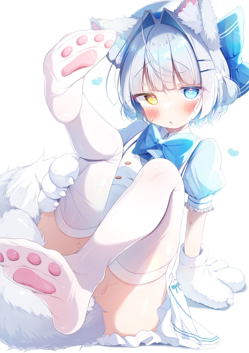 animal_ears feet heterochromia komugi_(2212) loli skirt_lift tail thighhighs