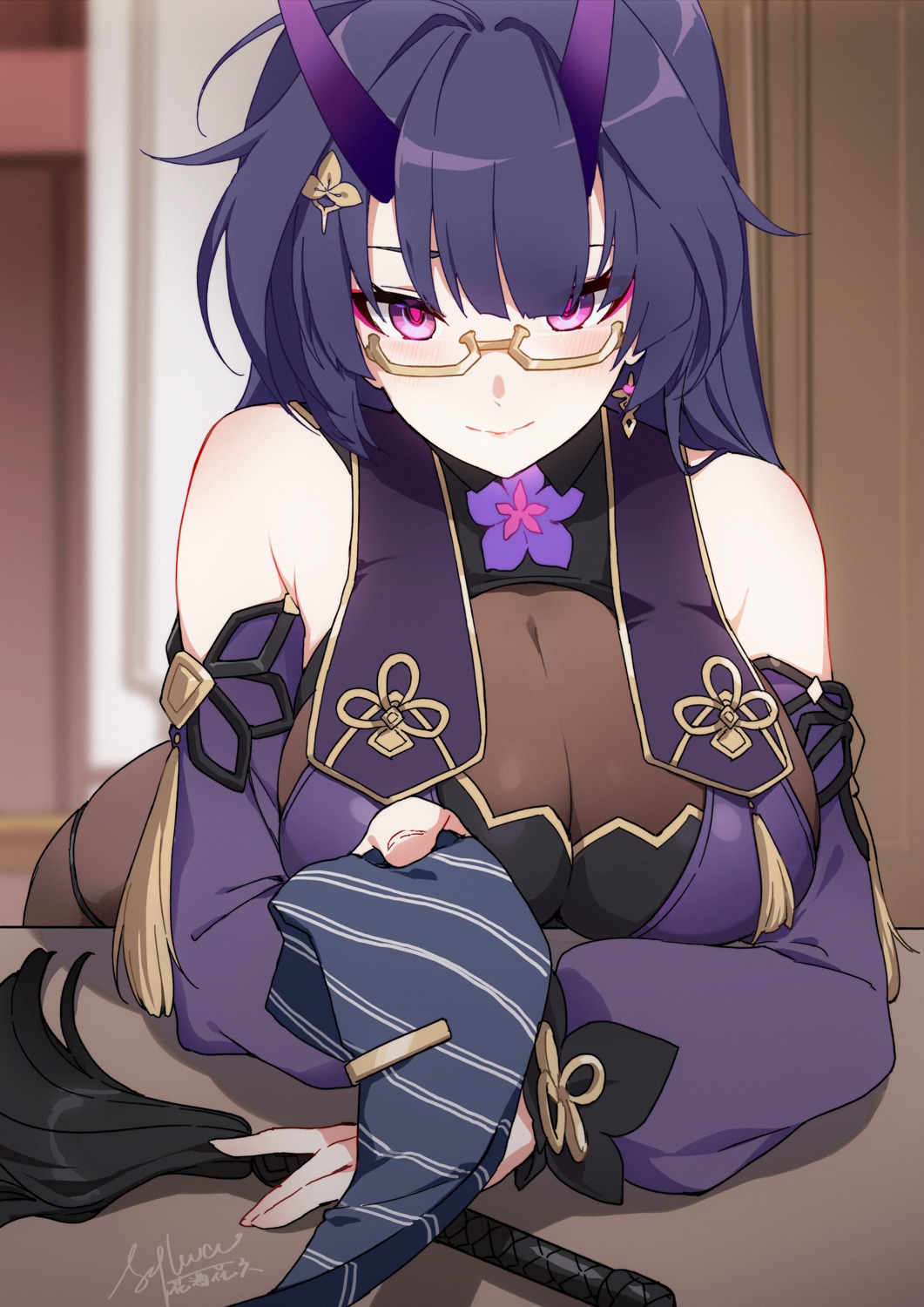 asian_clothes benghuai_xueyuan bodysuit honkai_impact horns megane see_through slyvia weapon