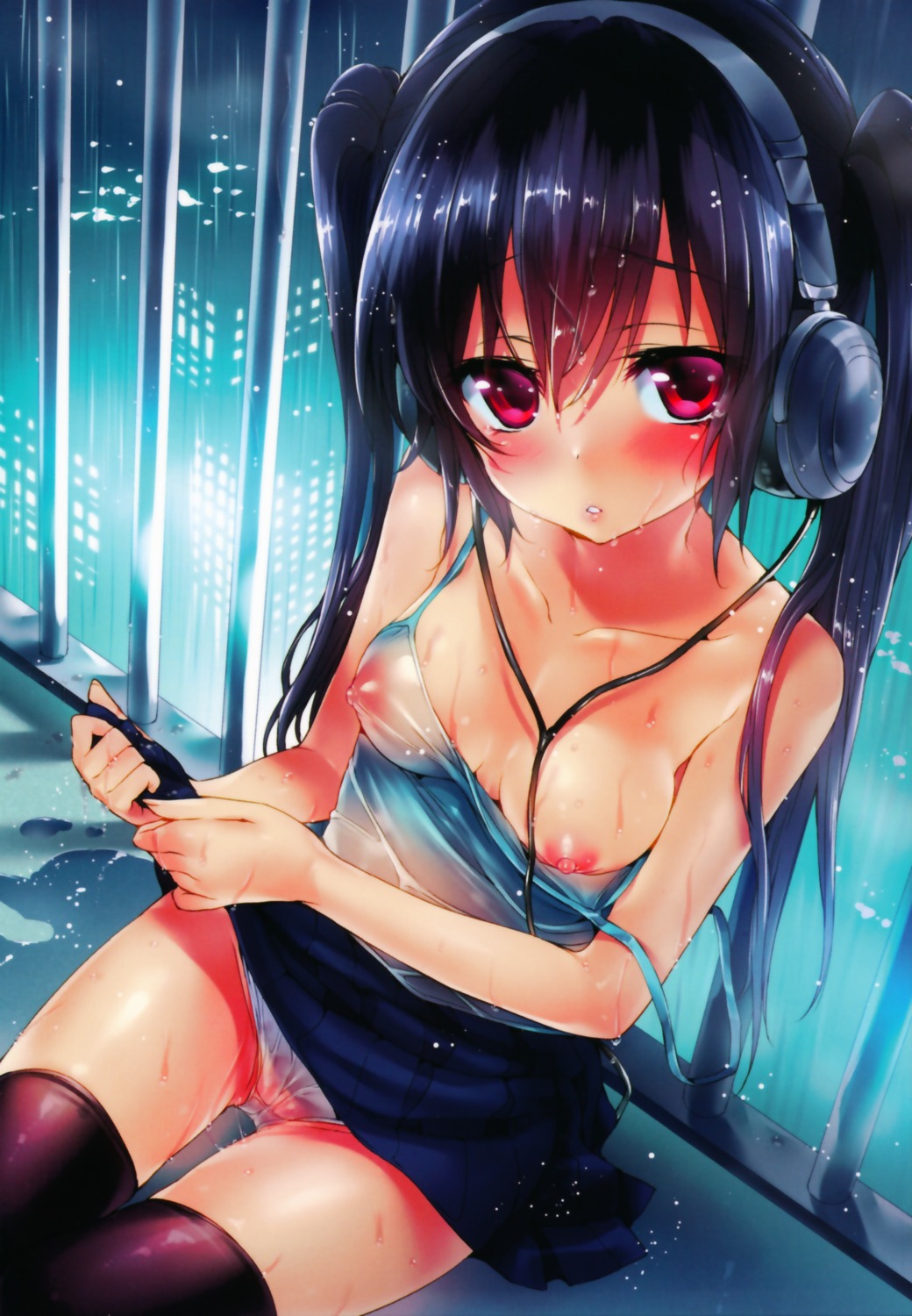 breasts cameltoe headphones hisasi nipple_slip nipples no_bra pantsu see_through thighhighs wet wet_clothes