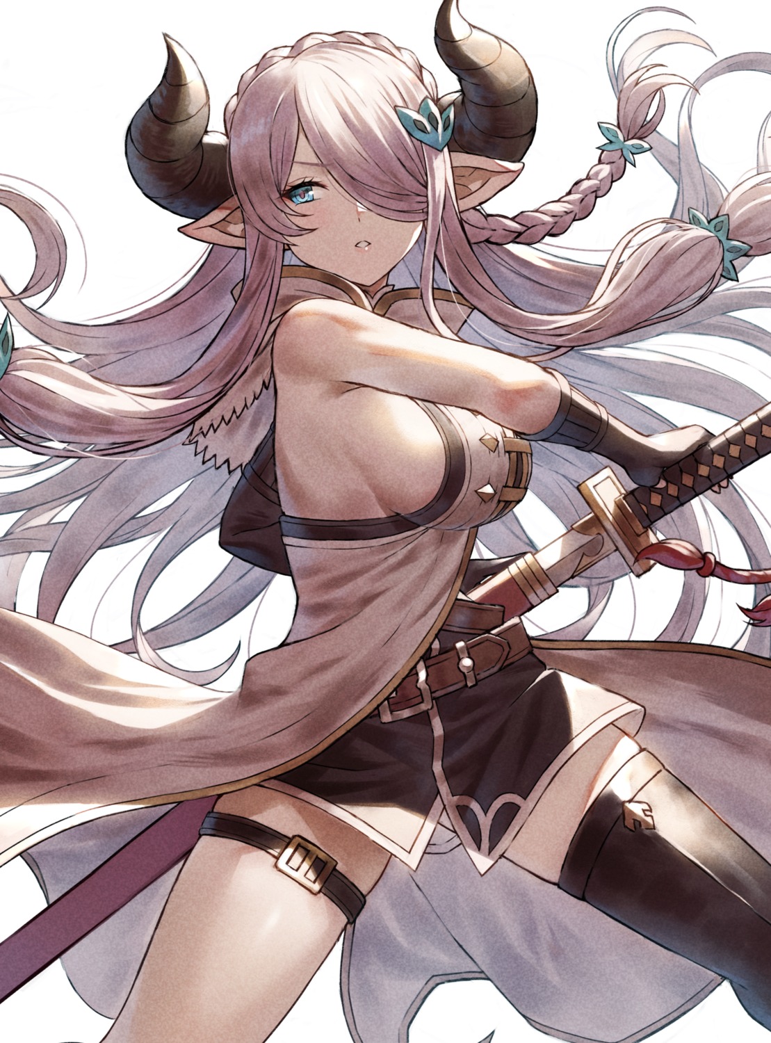 fagi_(kakikaki) garter granblue_fantasy horns narumeia_(granblue_fantasy) no_bra pointy_ears sword thighhighs