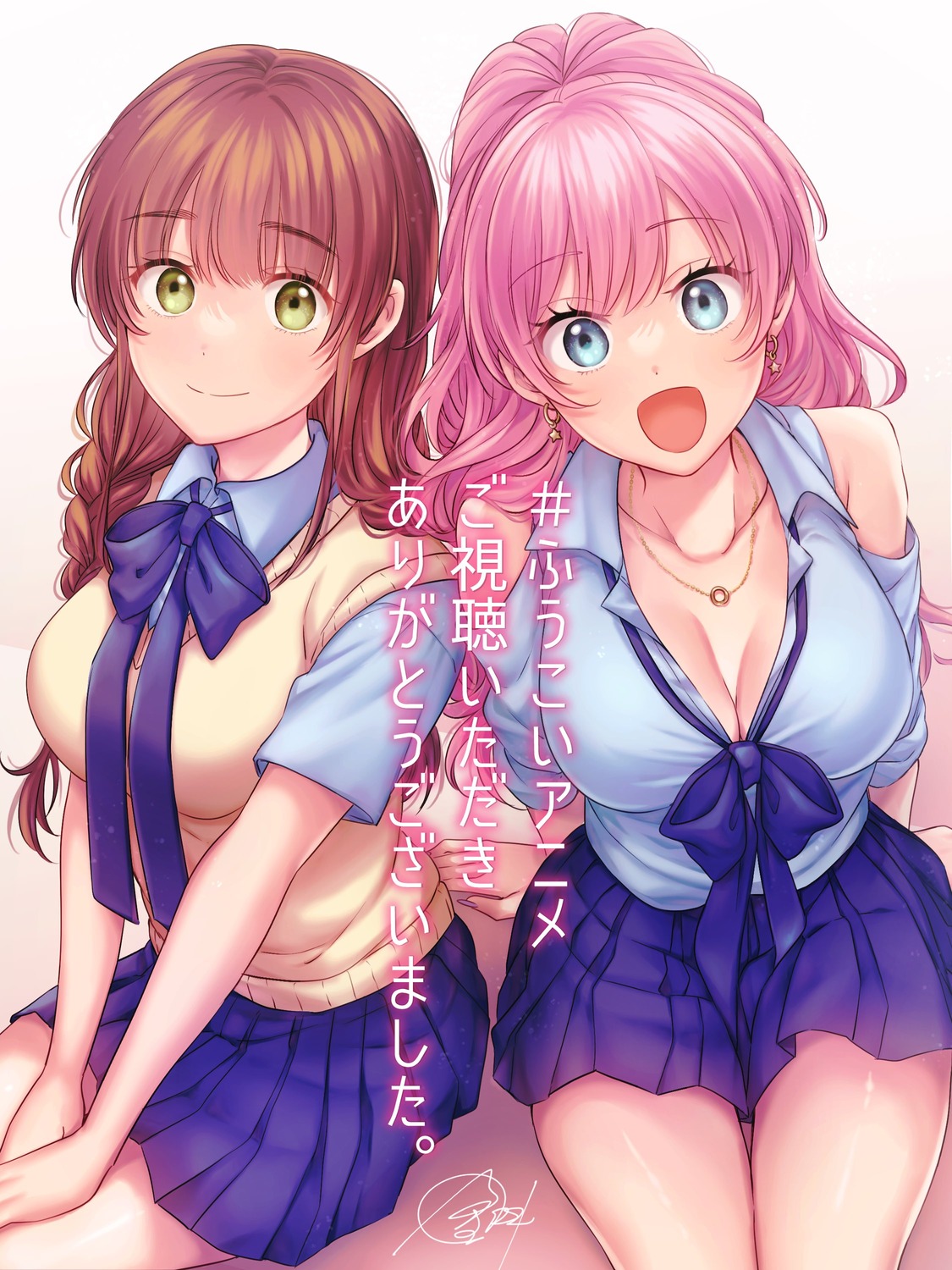 cleavage fuufu_ijou_koibito_miman kanamaru_yuki no_bra open_shirt sakurazaka_shiori seifuku sweater watanabe_akari