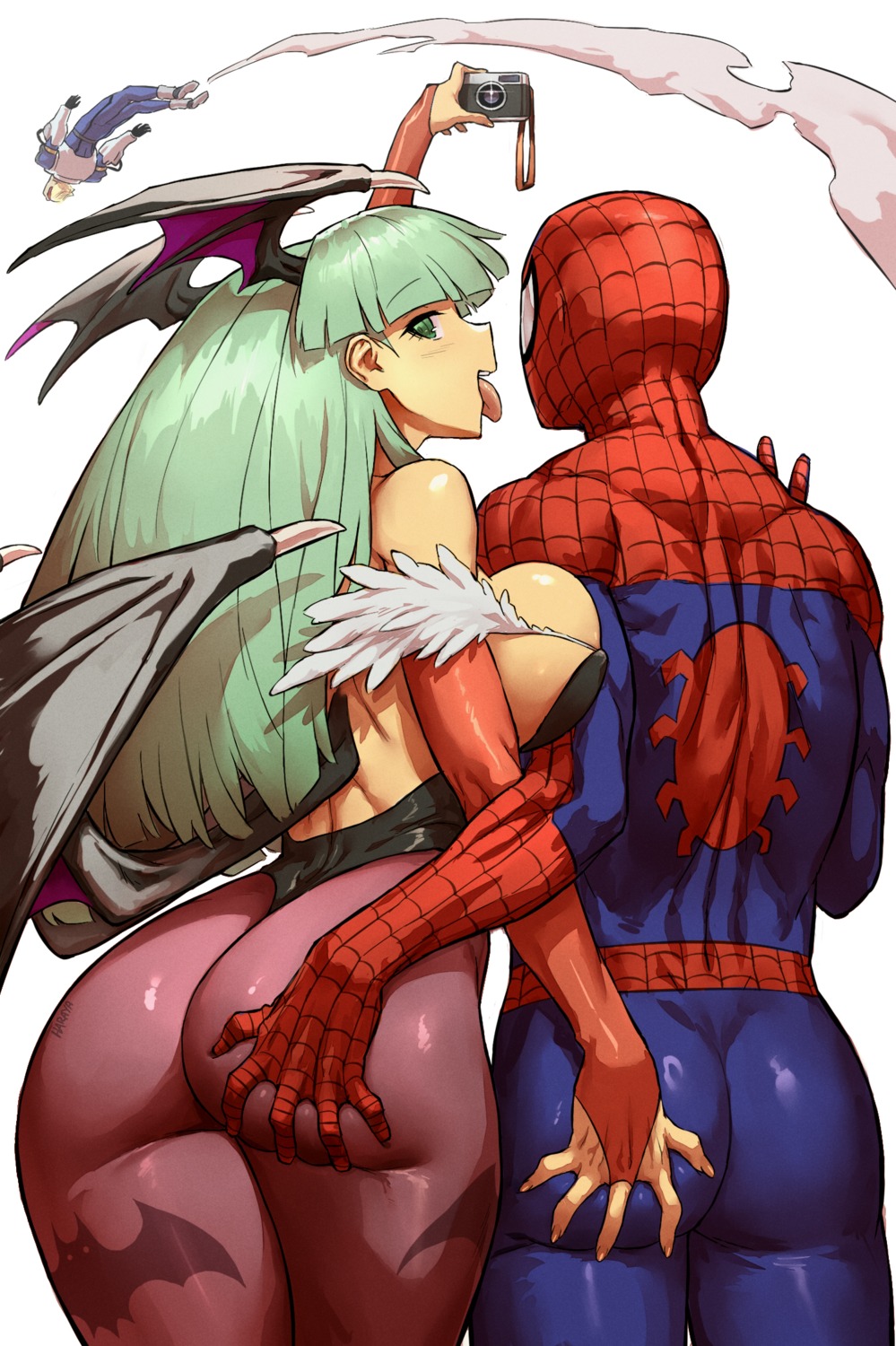 ass ass_grab bodysuit crossover dark_stalkers haraya_manawari leotard marvel marvel_vs_capcom morrigan_aensland no_bra pantyhose selfie spiderman spiderman_(character) wings