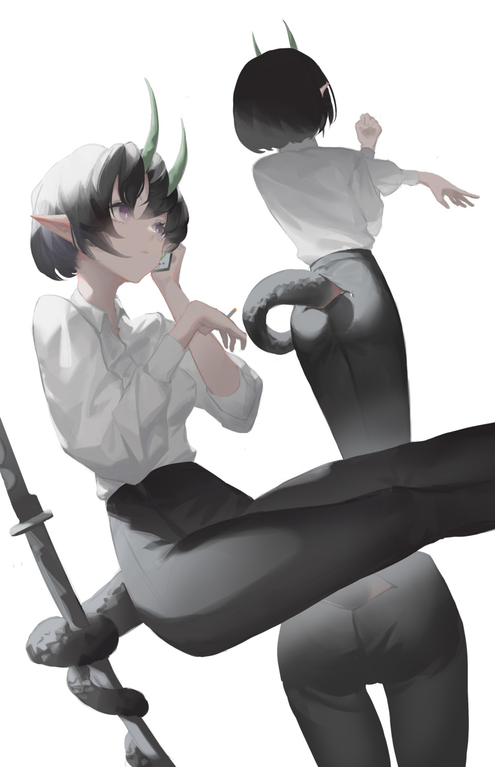 anhao1224 ass dress_shirt horns pointy_ears smoking sword tail