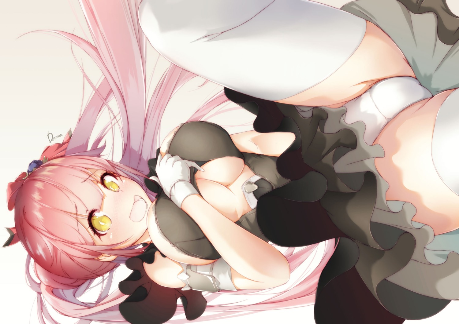 breast_hold dermar dress no_bra pantsu skirt_lift thighhighs