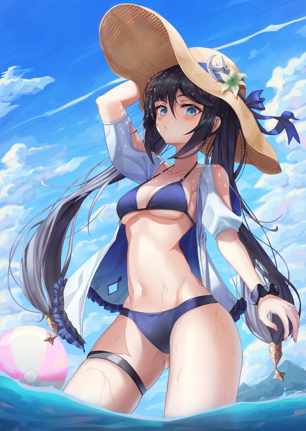 artist_revision bikini garter genshin_impact mona_megistus open_shirt slime_nyang swimsuits wet