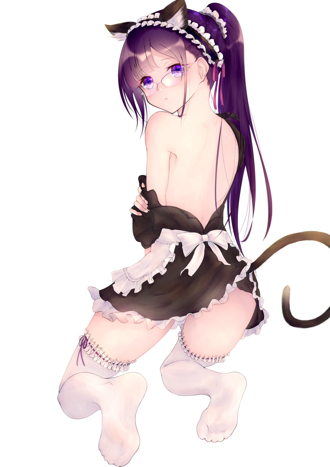 animal_ears feet magia_record:_mahou_shoujo_madoka_magica_gaiden maid meen_(ouaughikepdvrsf) megane nekomimi no_bra puella_magi_madoka_magica skirt_lift tail thighhighs