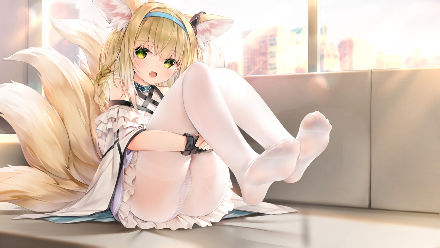 animal_ears arknights chen_bin feet kitsune pantsu pantyhose see_through shimapan skirt_lift suzuran_(arknights) tail