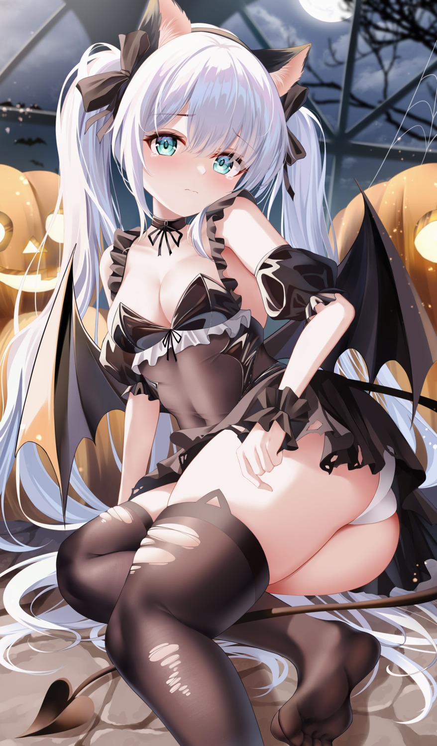 animal_ears azur_lane halloween janus_(azur_lane) loli nekomimi no_bra pantsu proverbs_zhenyan skirt_lift tail thighhighs torn_clothes wings