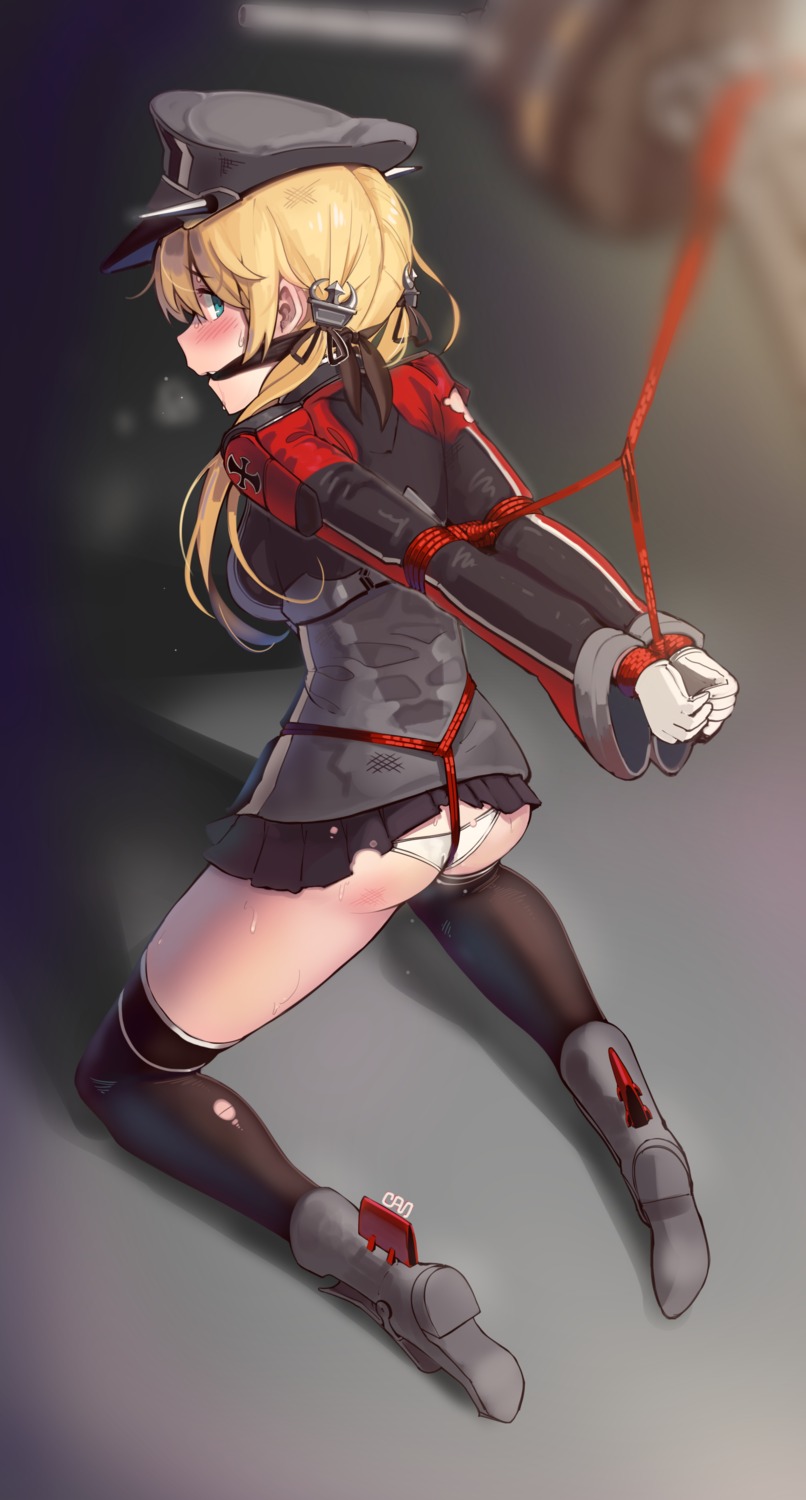 ass bondage heels kaddo kantai_collection pantsu prinz_eugen_(kancolle) skirt_lift thighhighs torn_clothes uniform